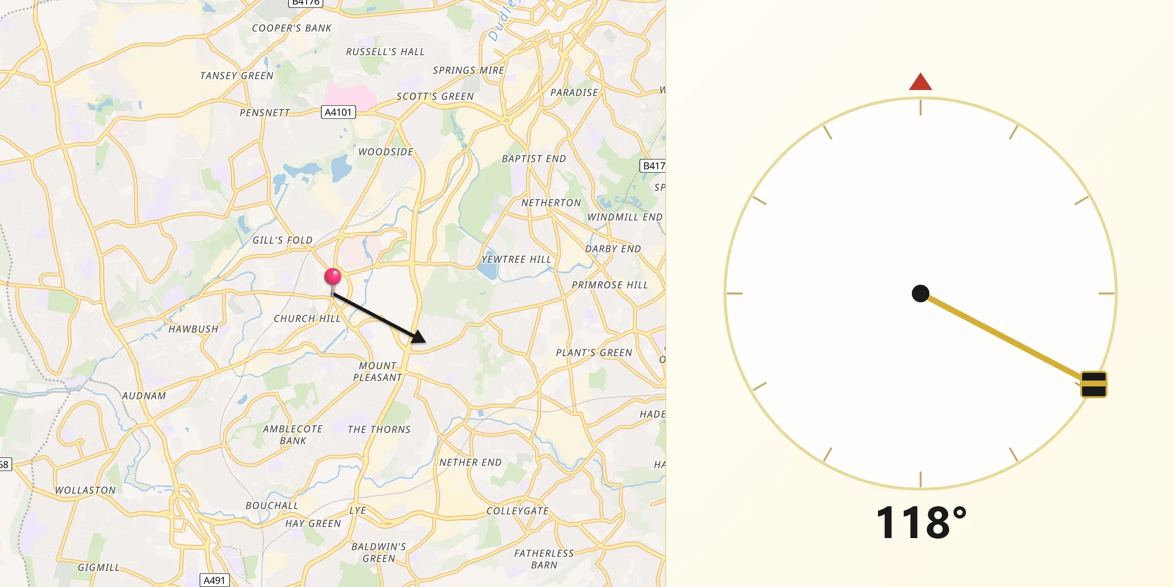 Qibla Direction from Brierley Hill