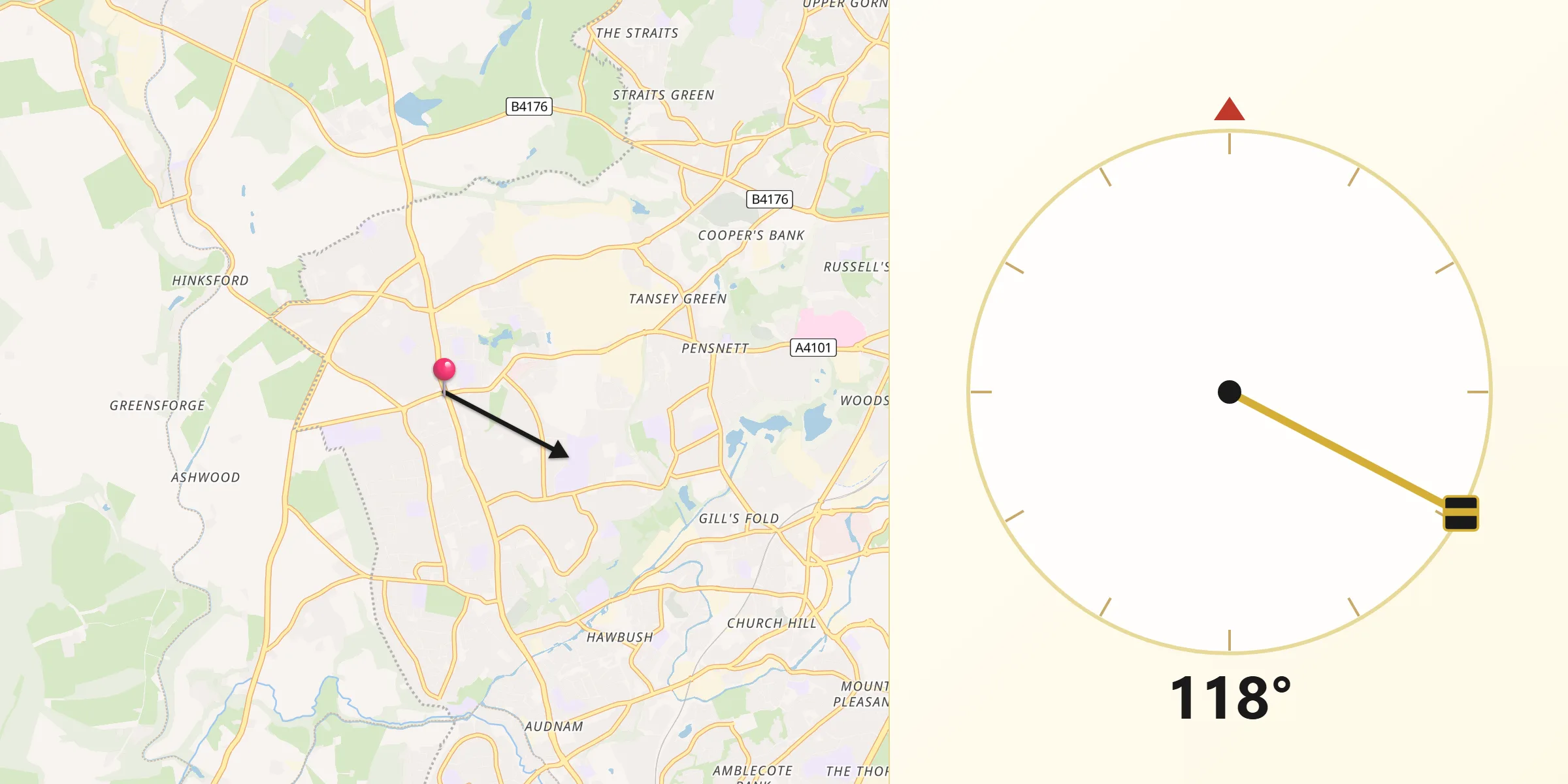 Qibla Direction from Kingswinford