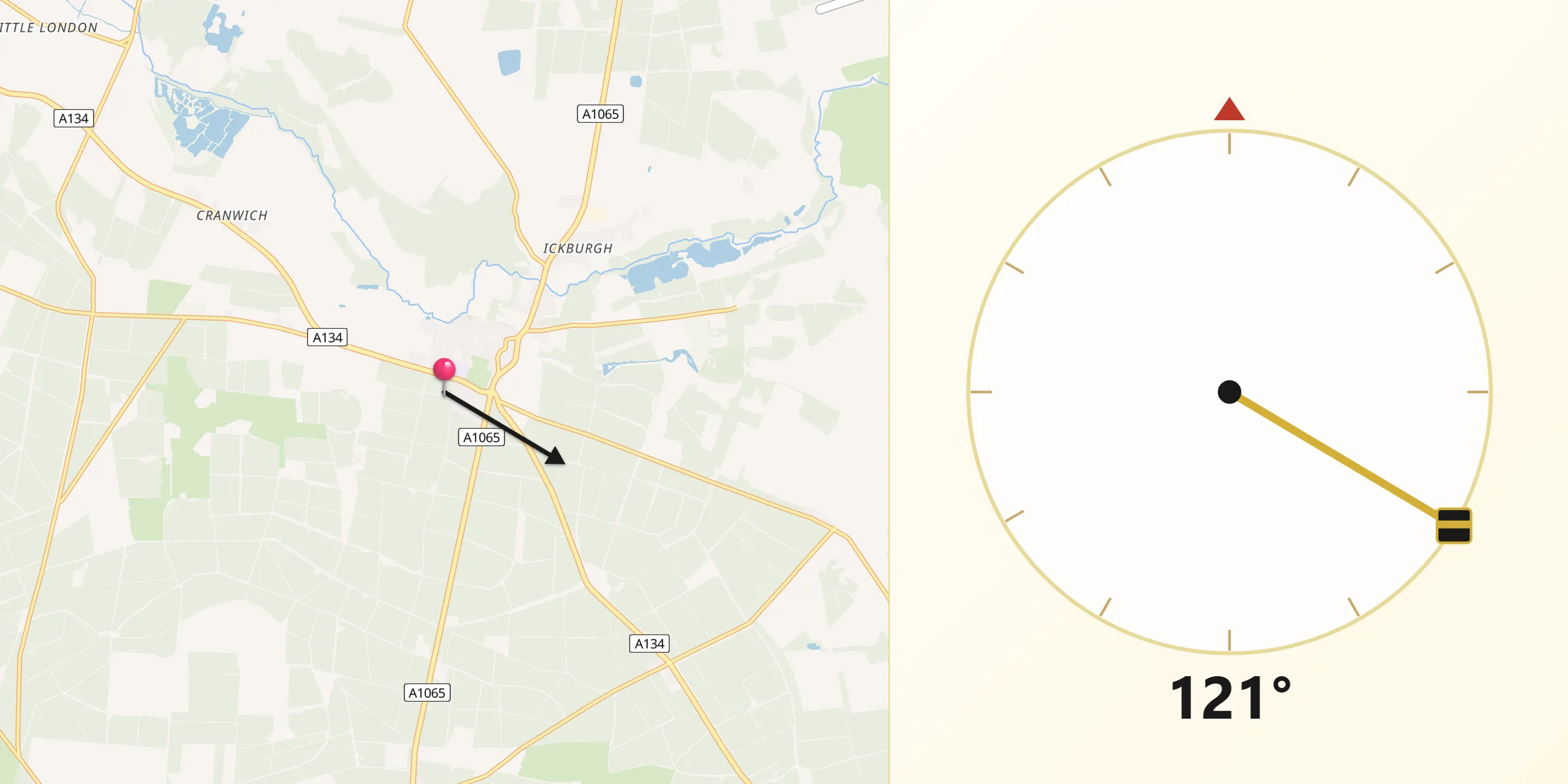 Qibla Direction from Mundford