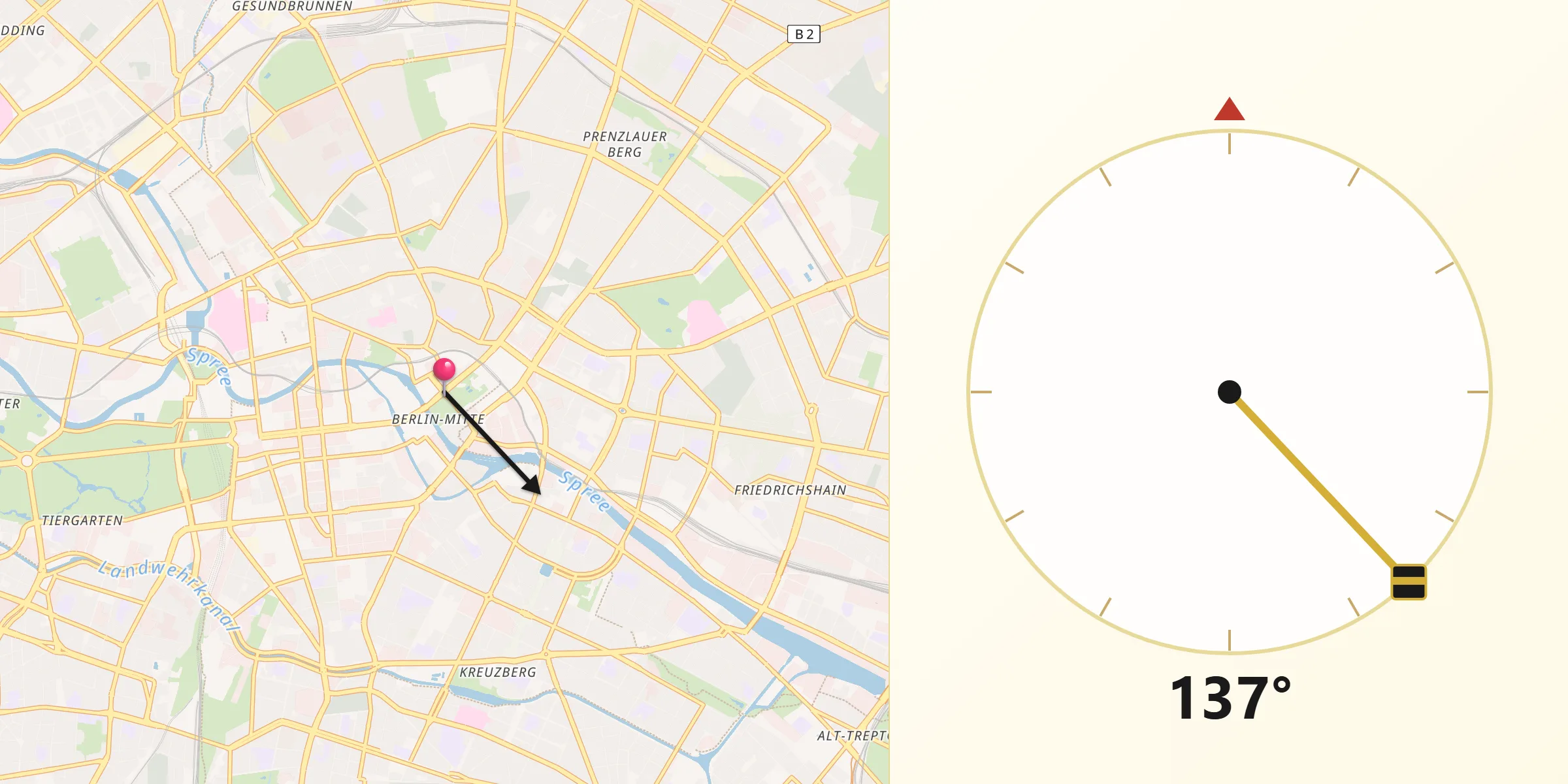 Qibla-Richtung von Berlin-Mitte
