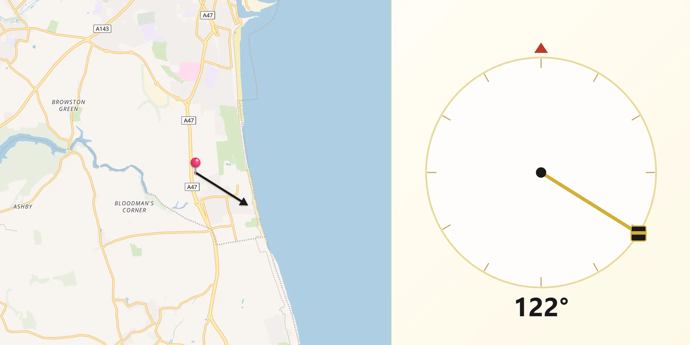 Qibla Direction from Hopton on Sea