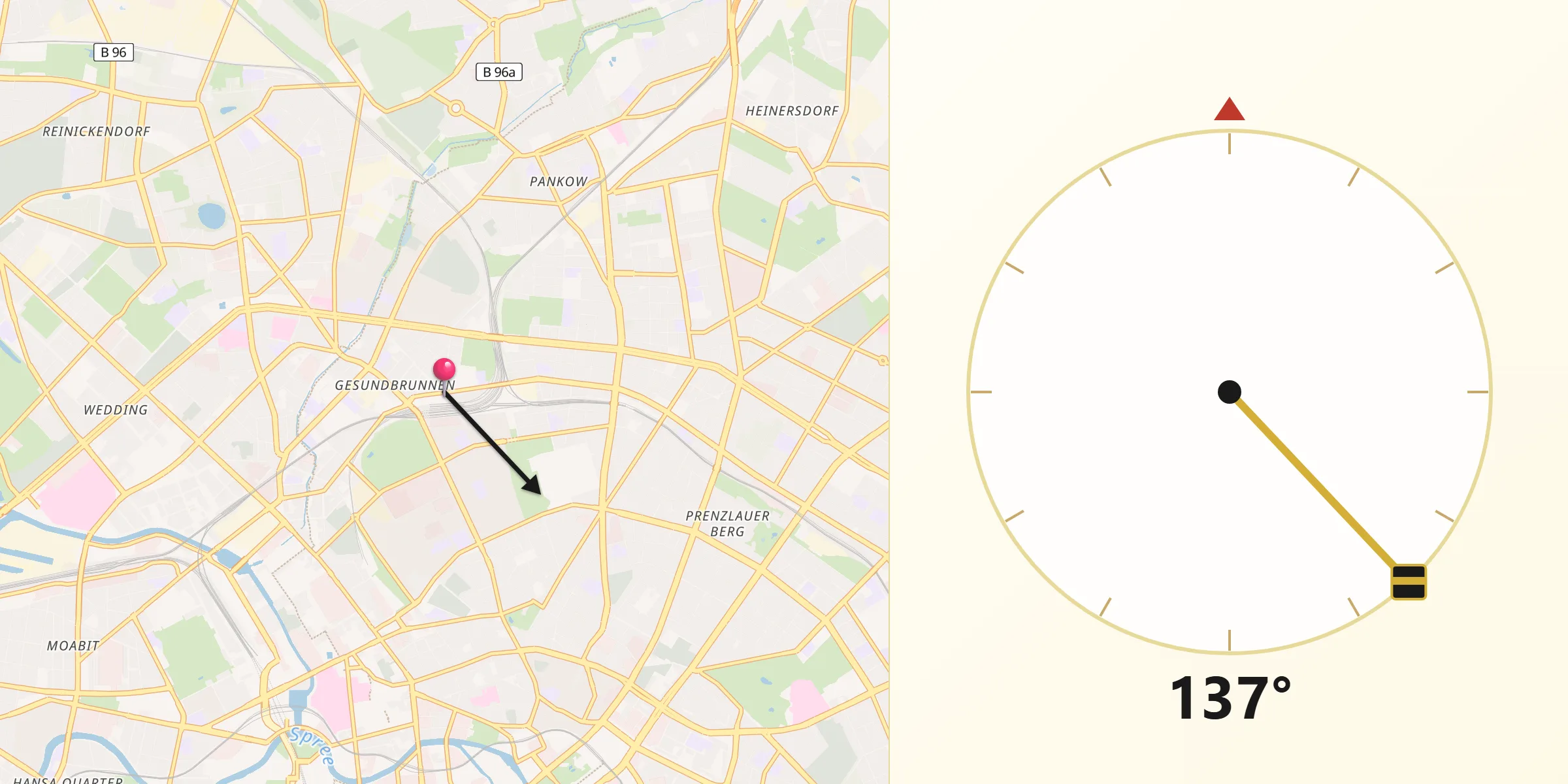 Qibla-Richtung von Berlin-Gesundbrunnen