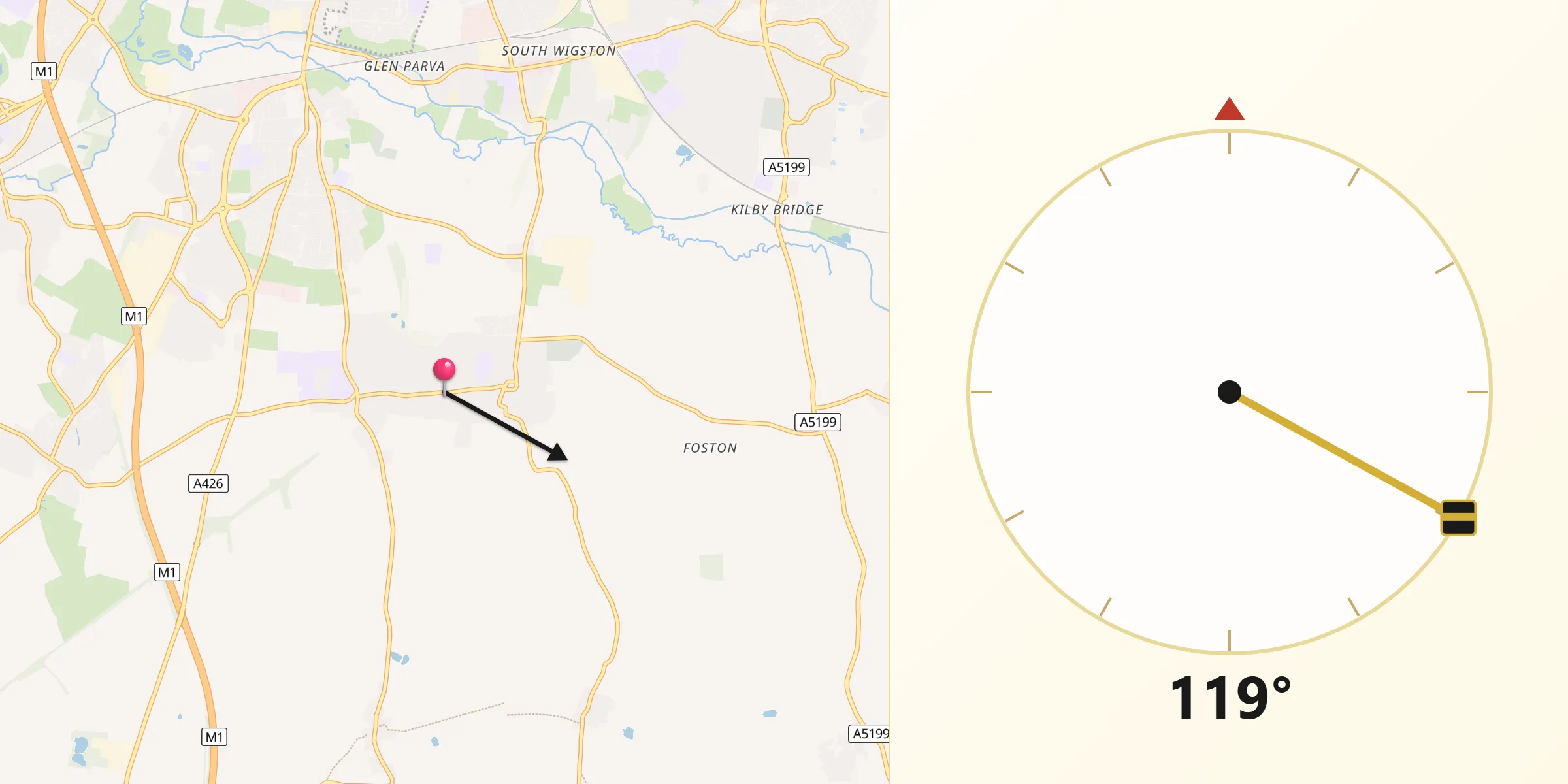 Qibla Direction from Countesthorpe