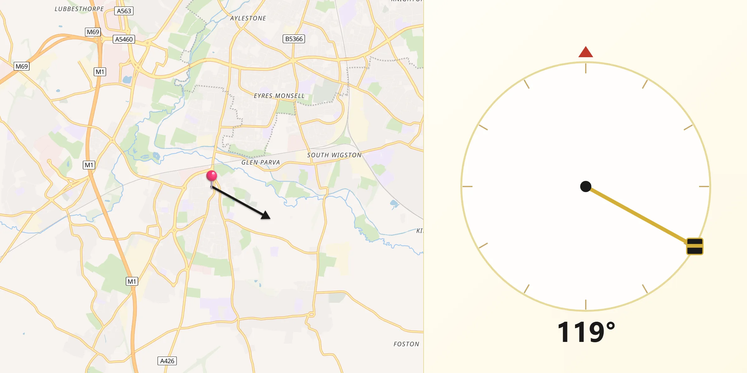 Qibla Direction from Blaby
