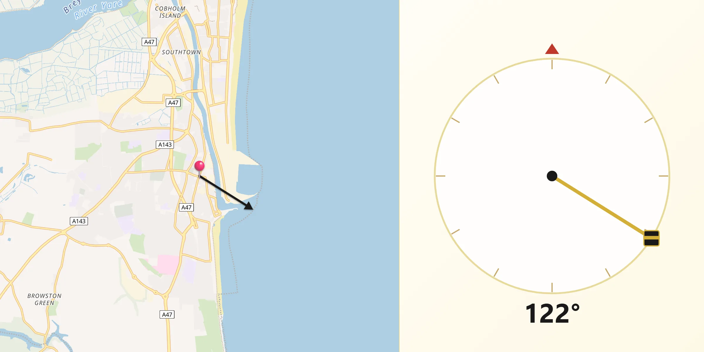 Qibla Direction from Gorleston-on-Sea