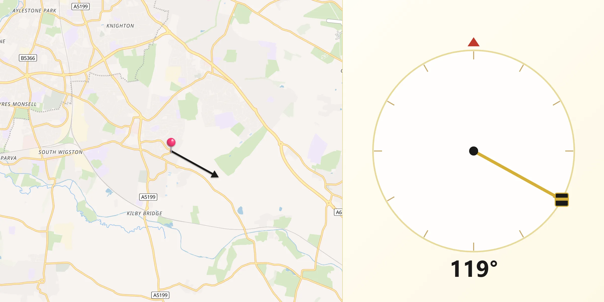 Qibla Direction from Wigston Magna
