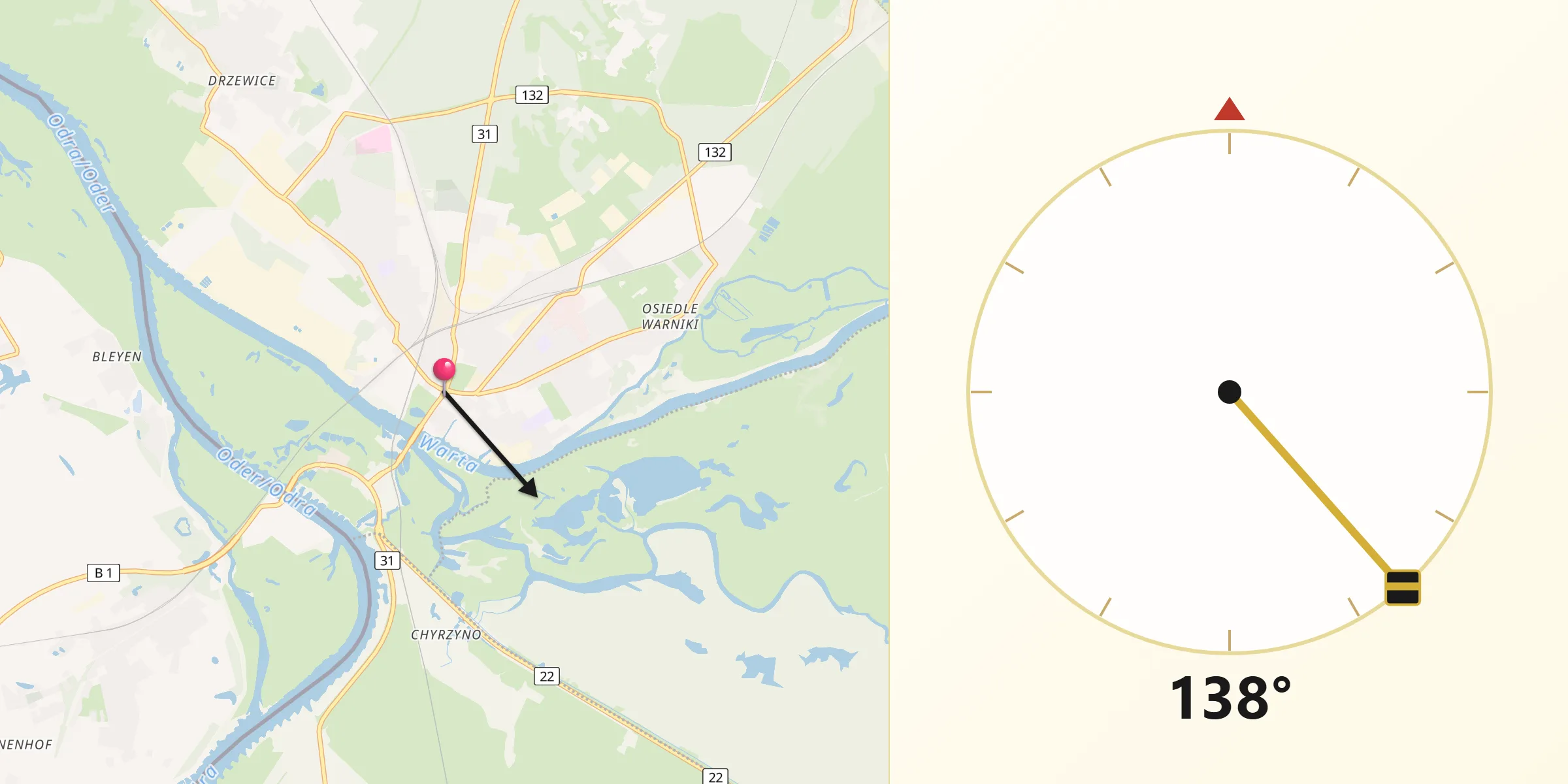 Kierunek Qibla z Kostrzyn nad Odrą