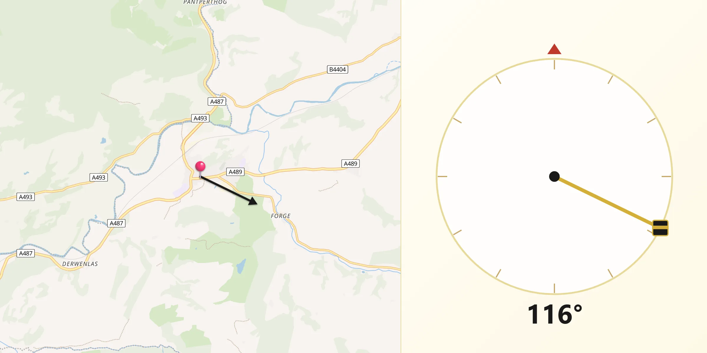 Qibla Direction from Machynlleth