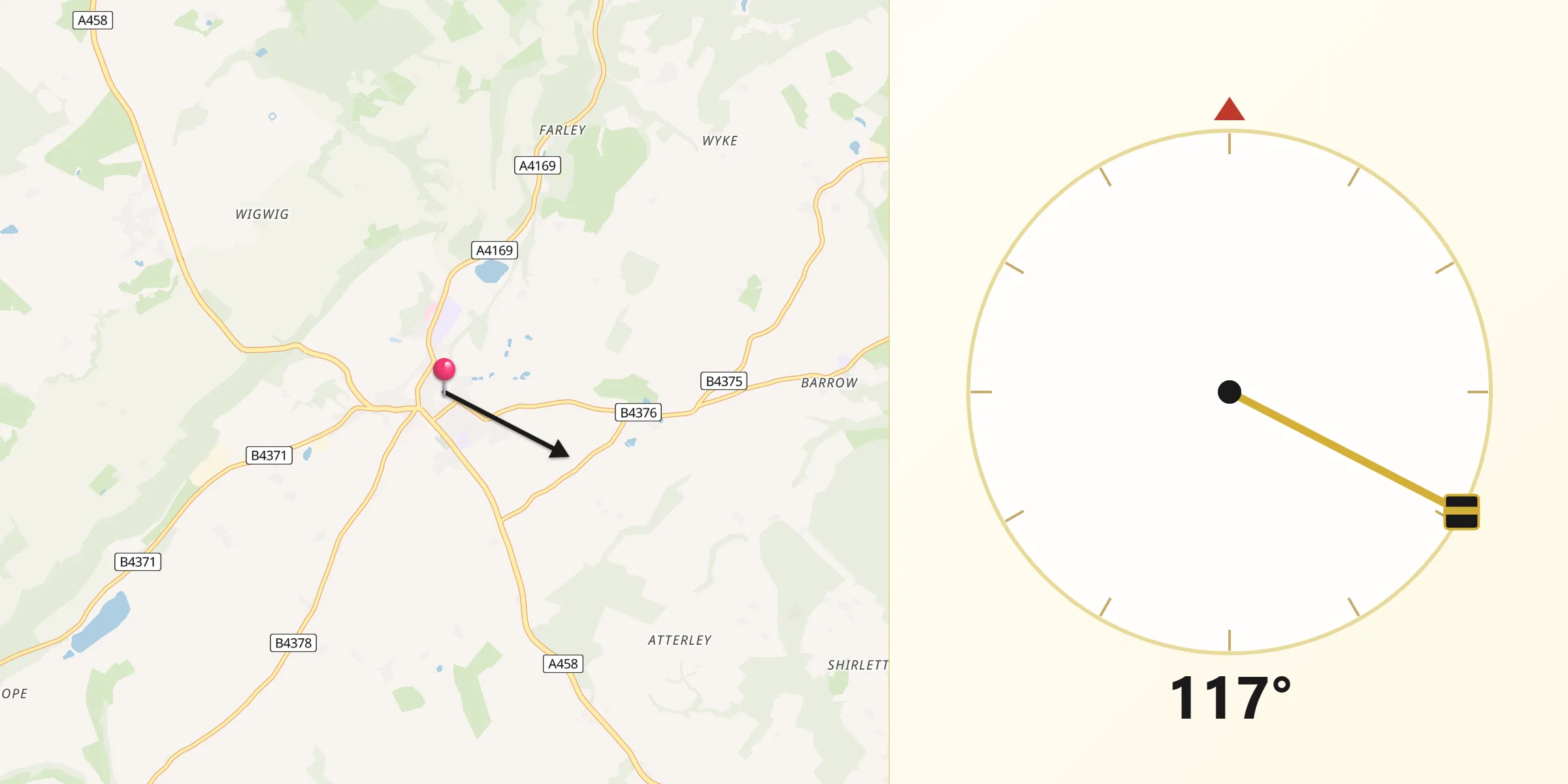 Qibla Direction from Much Wenlock
