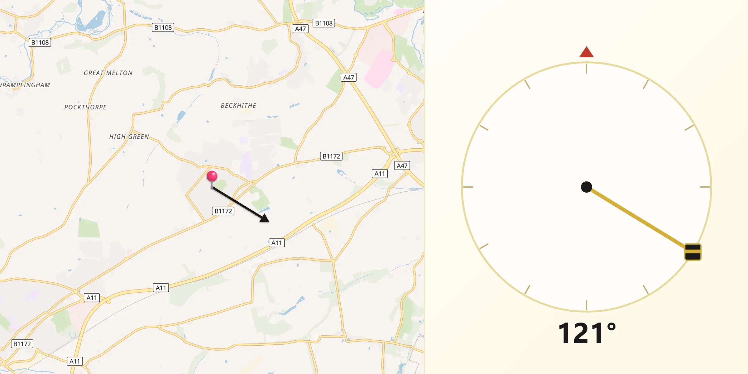 Qibla Direction from Hethersett