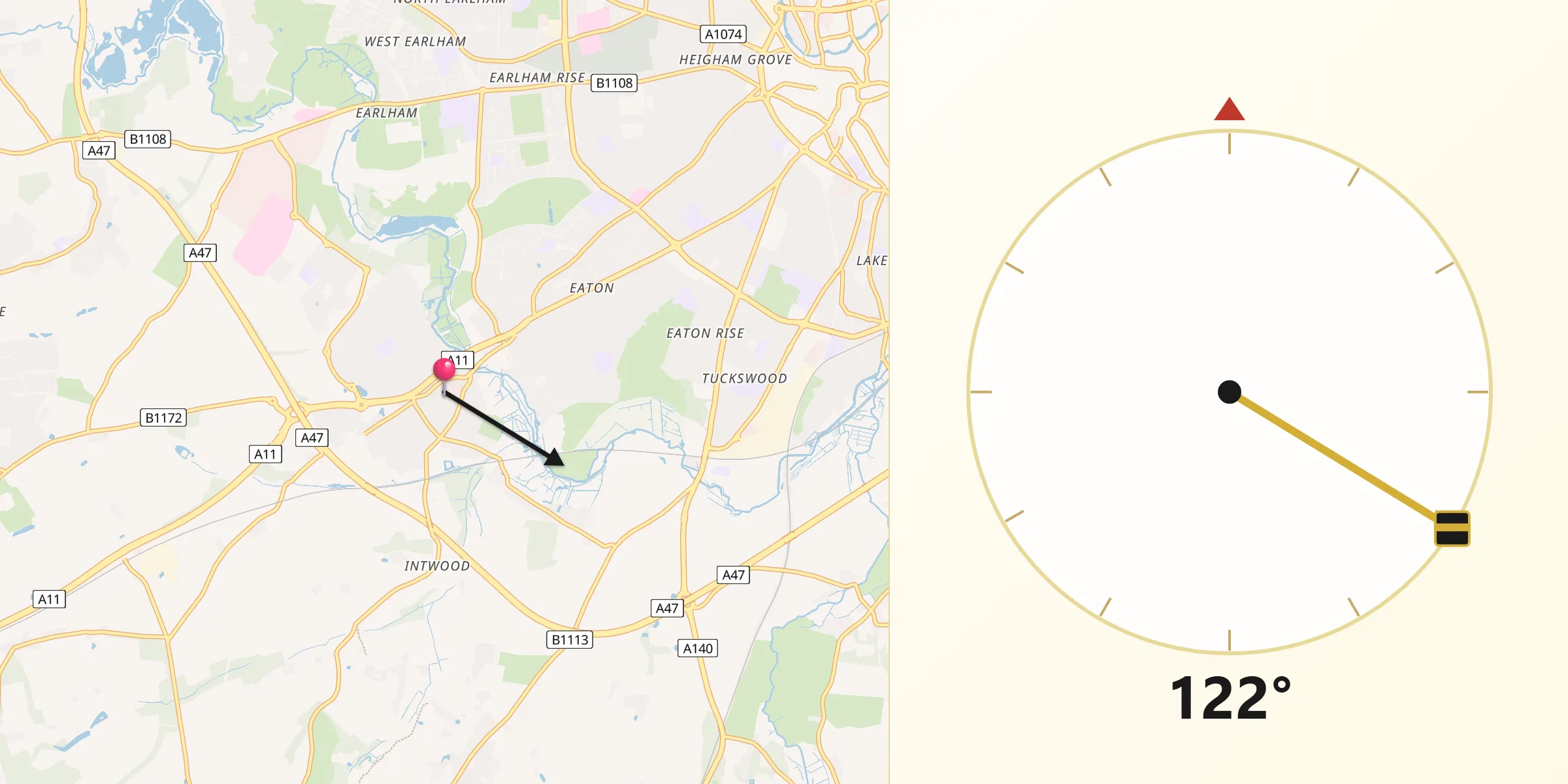 Qibla Direction from Cringleford