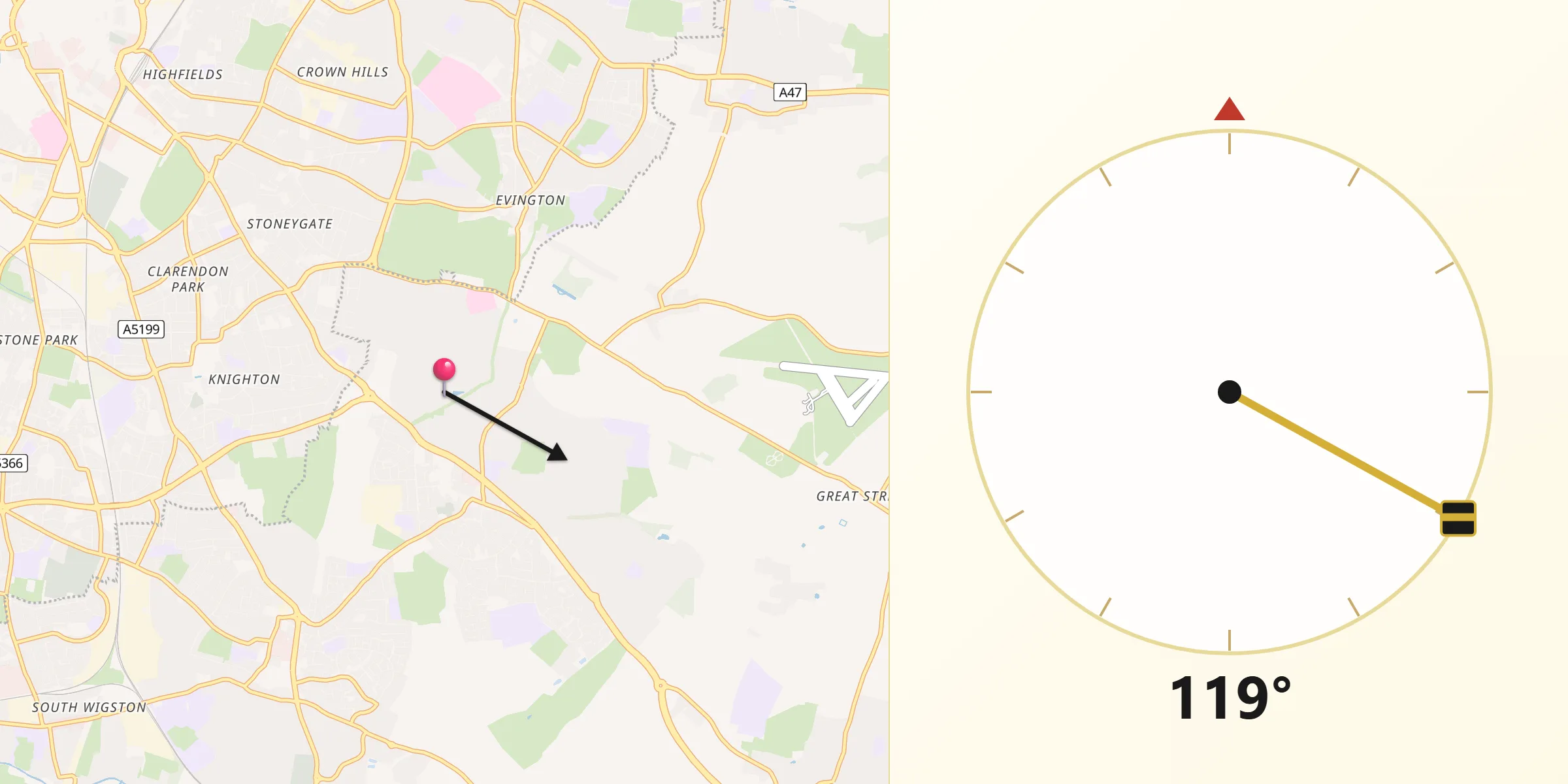 Qibla Direction from Oadby