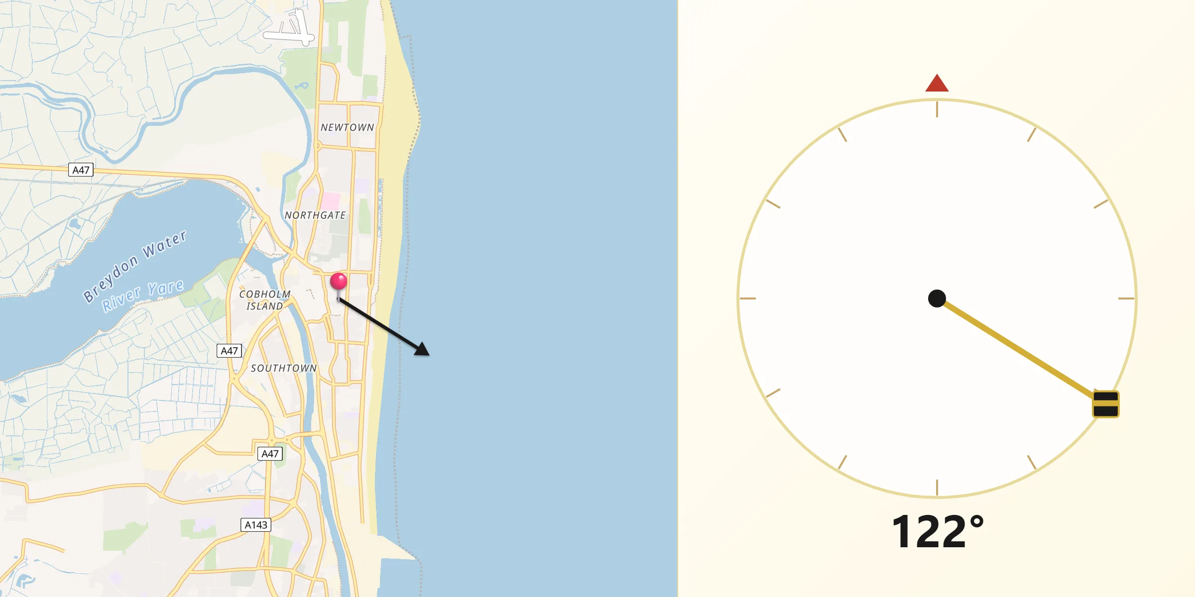 Qibla Direction from Great Yarmouth