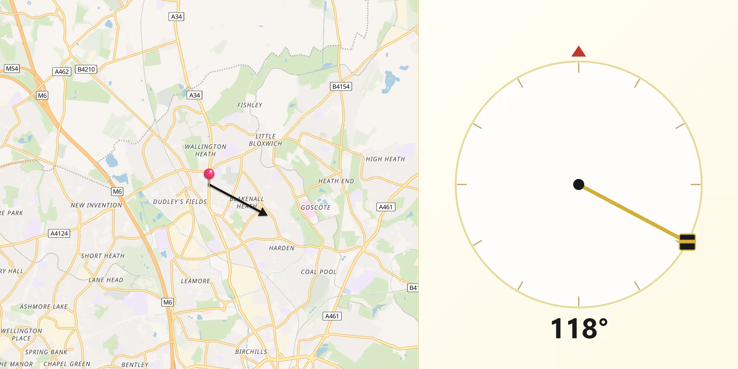 Qibla Direction from Bloxwich