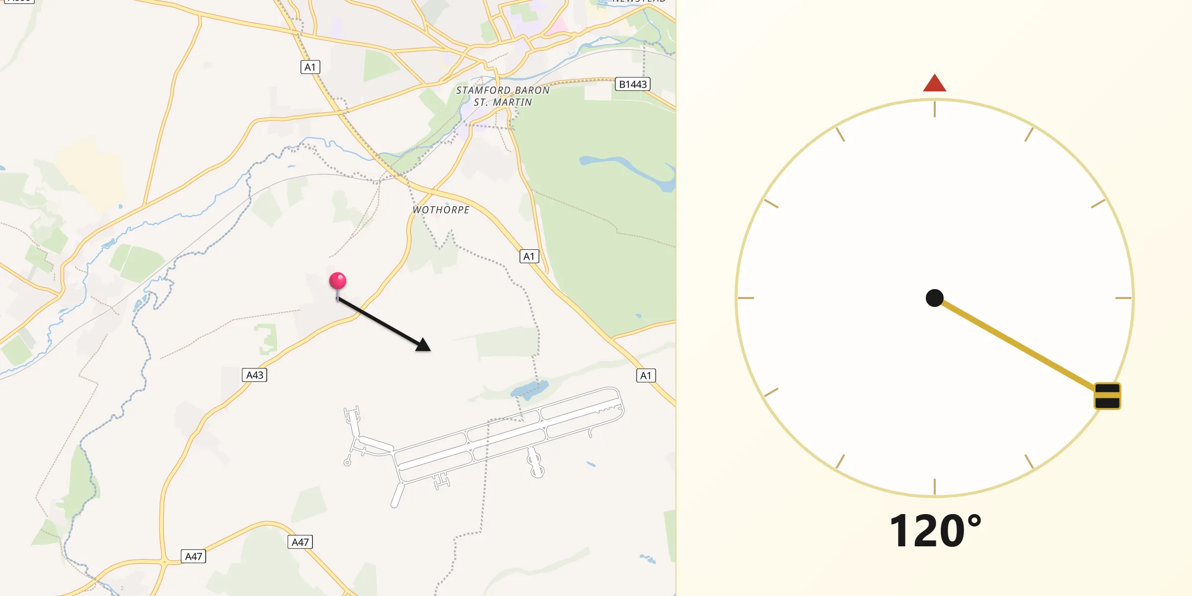 Qibla Direction from Easton on the Hill