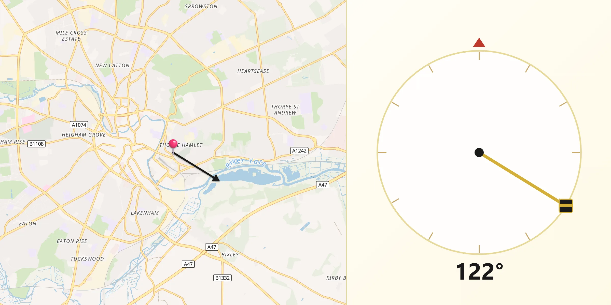 Qibla Direction from Thorpe Hamlet
