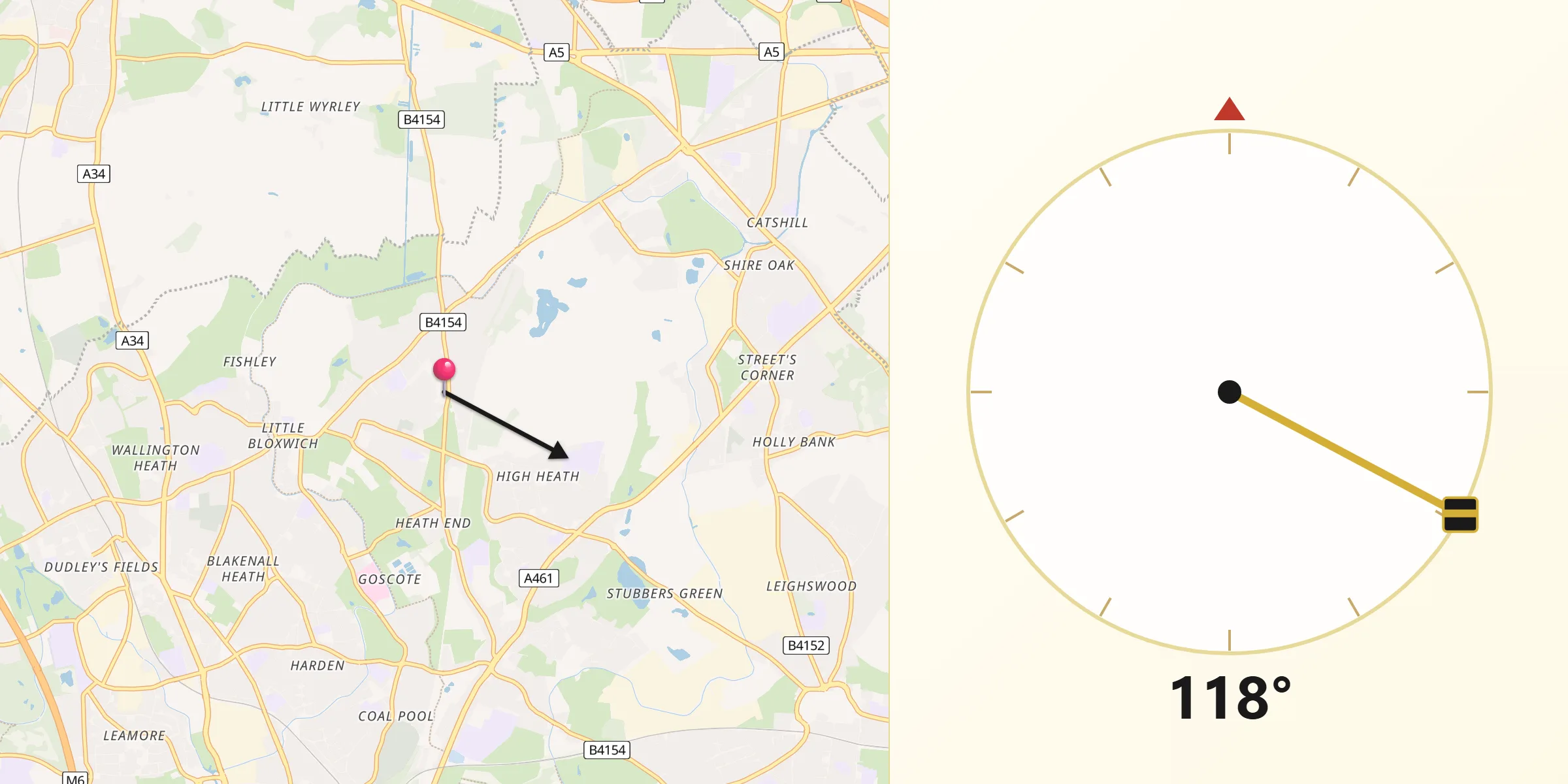 Qibla Direction from Pelsall