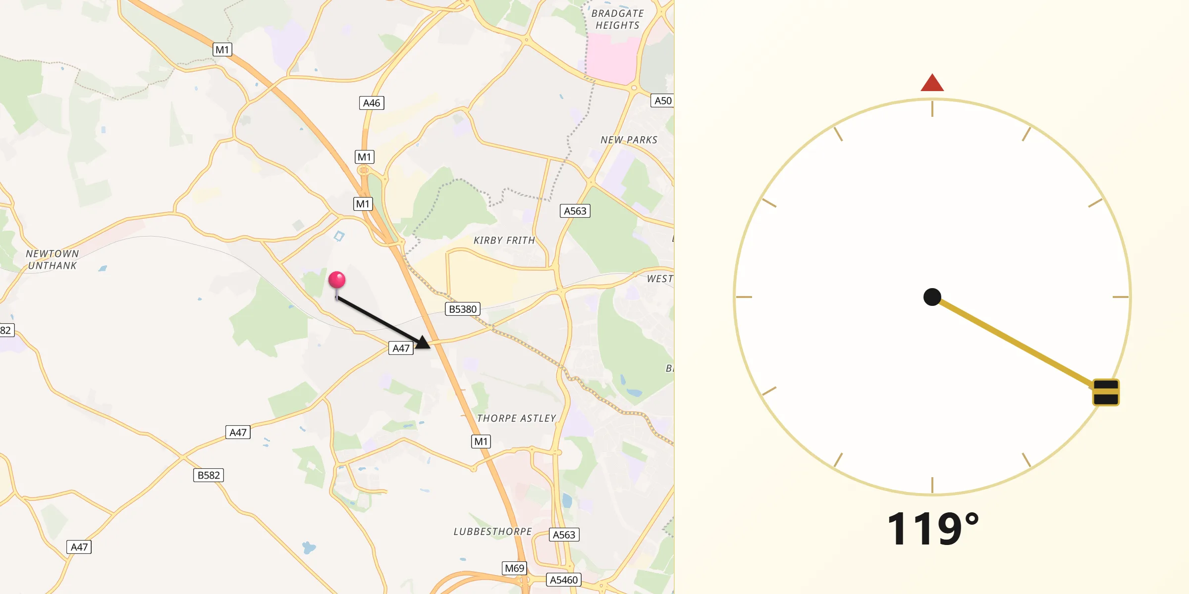 Qibla Direction from Kirby Muxloe