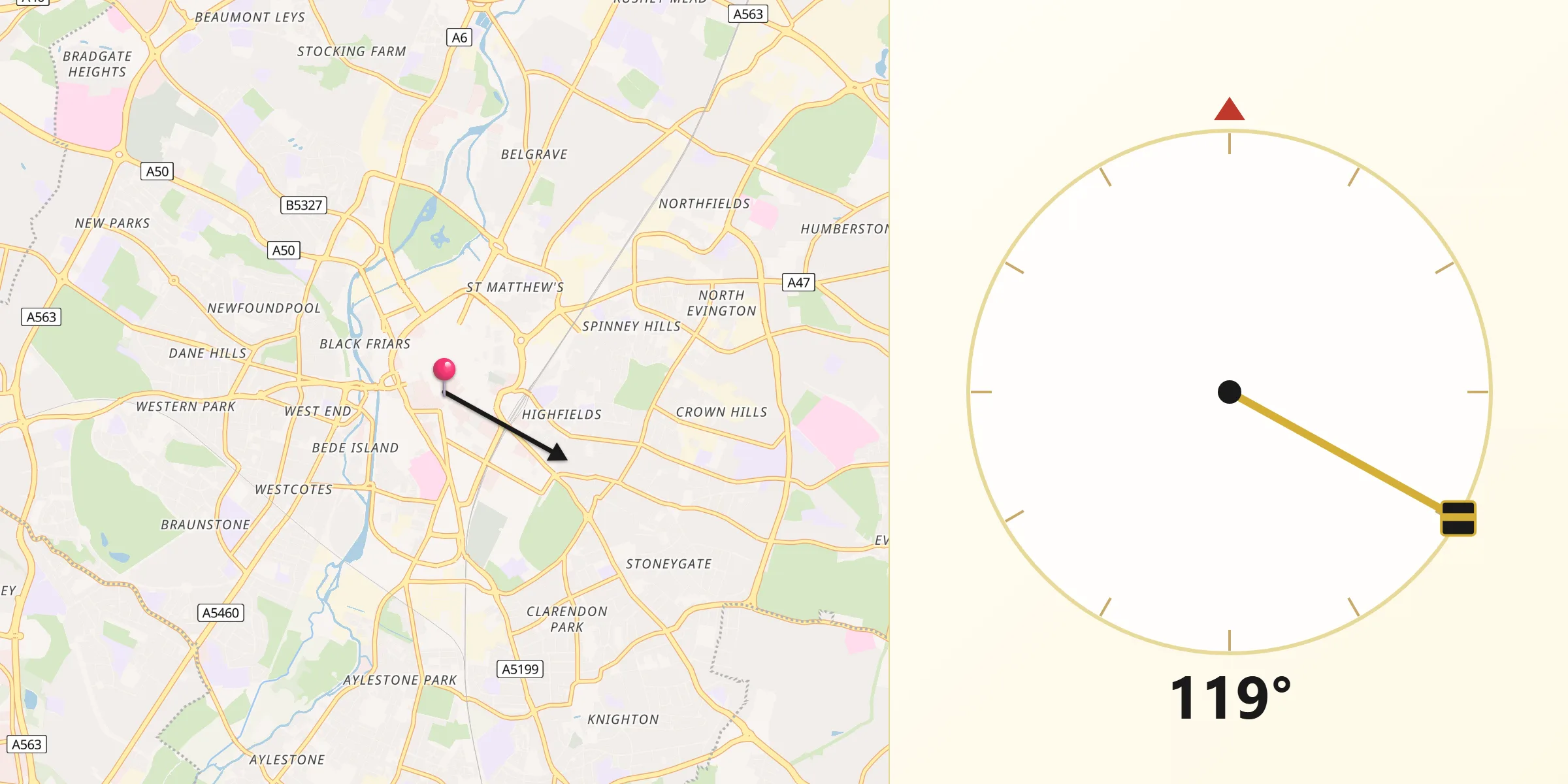 Qibla Direction from City of Leicester