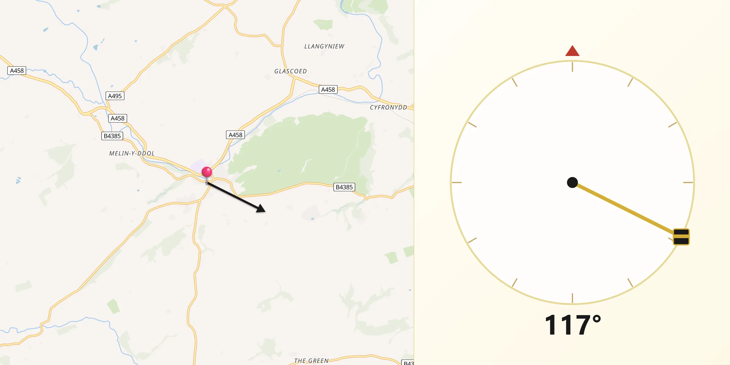Qibla Direction from Llanfair Caereinion