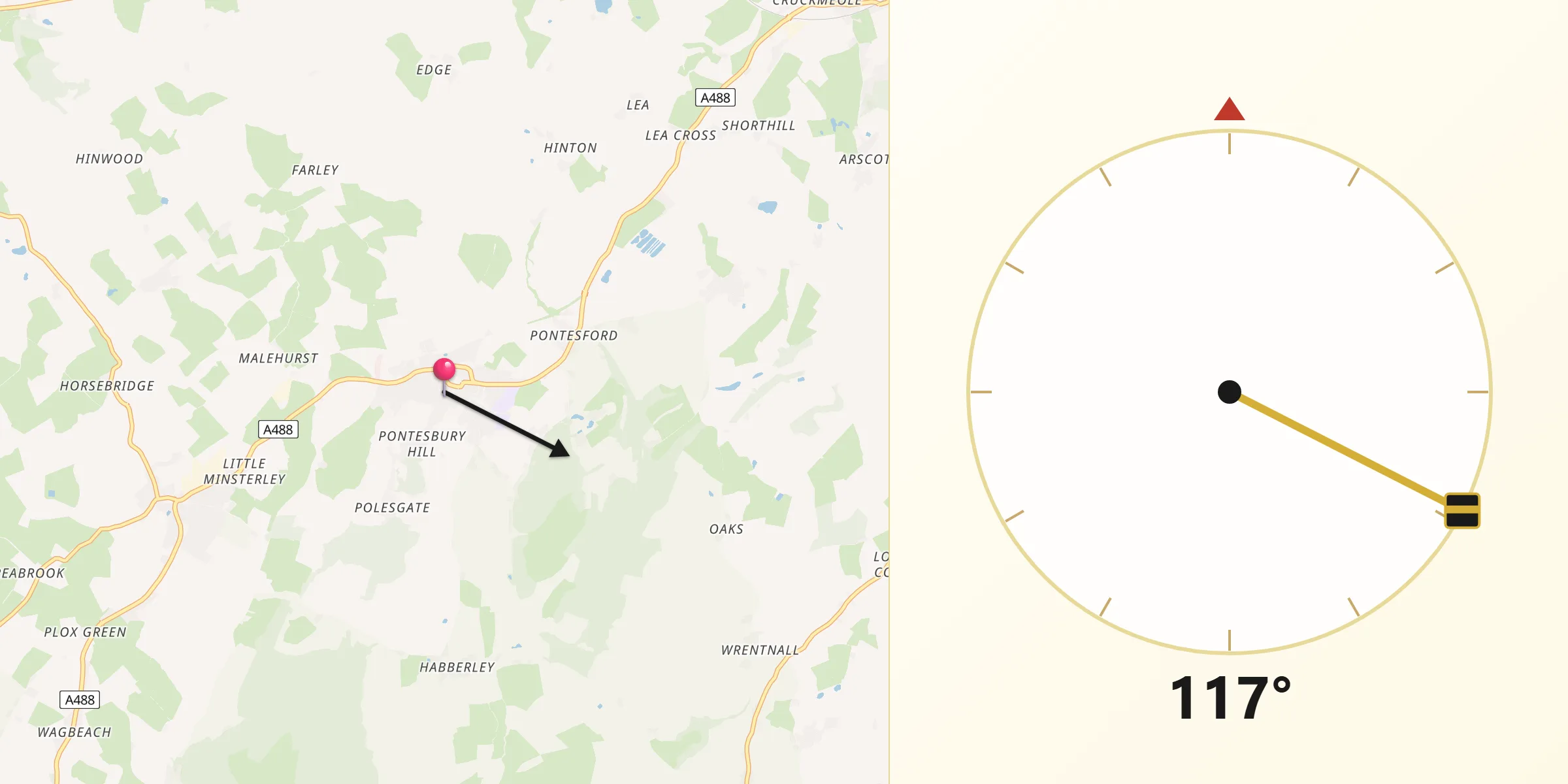 Qibla Direction from Pontesbury