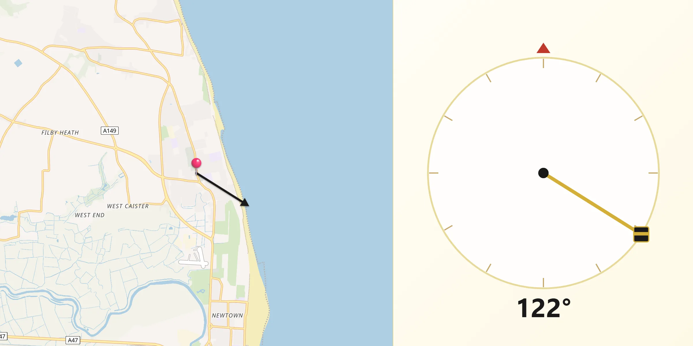Qibla Direction from Caister-on-Sea