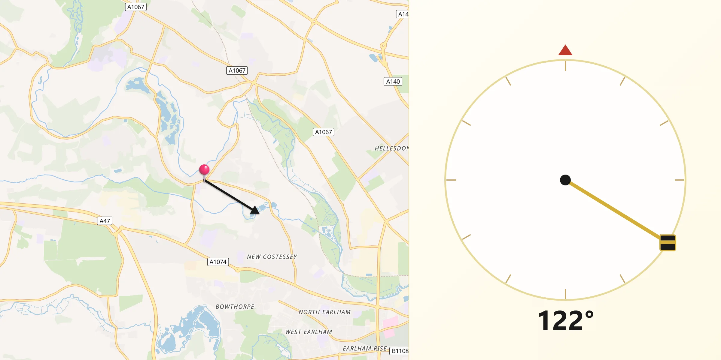 Qibla Direction from Costessey
