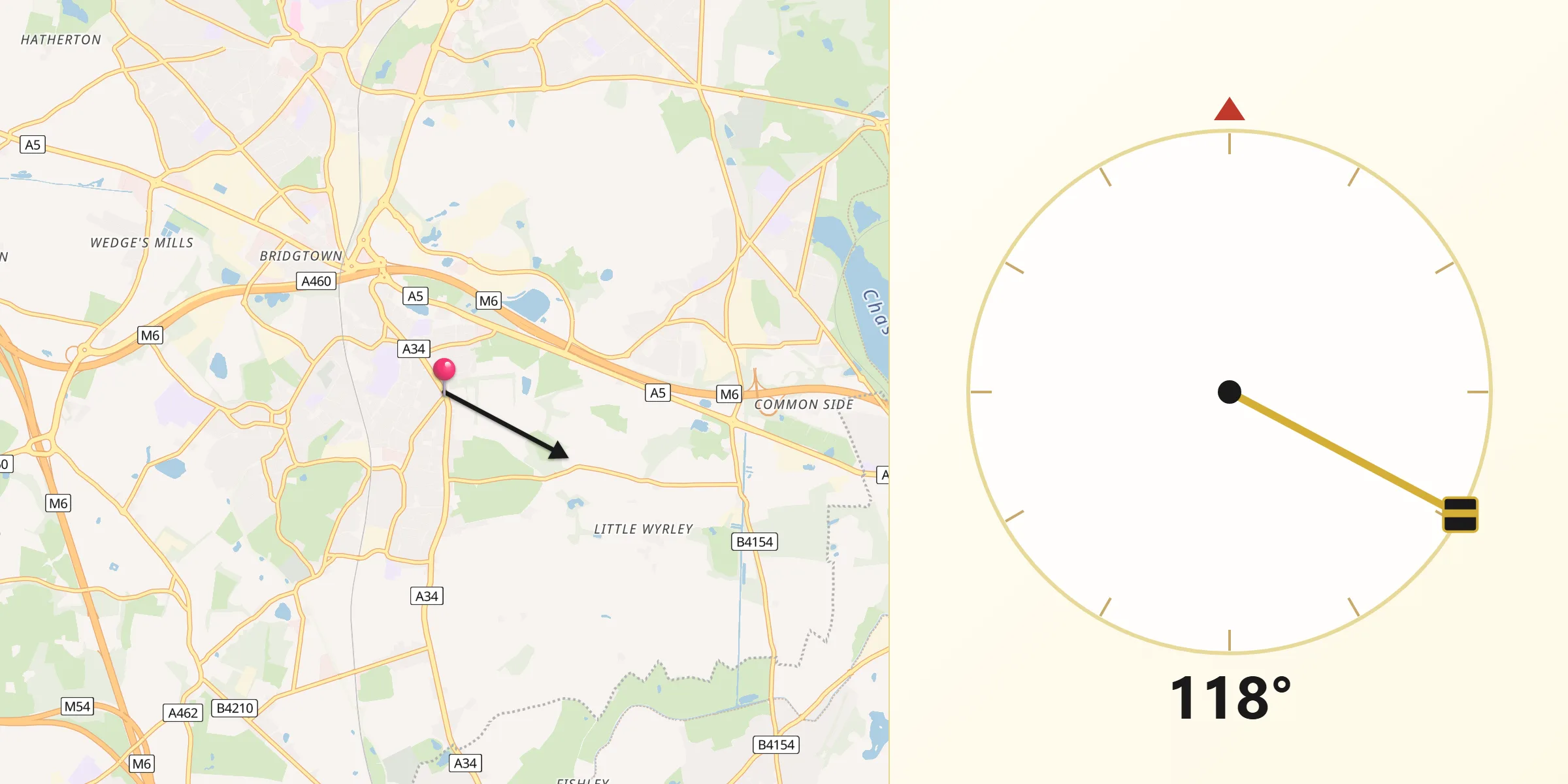 Qibla Direction from Great Wyrley