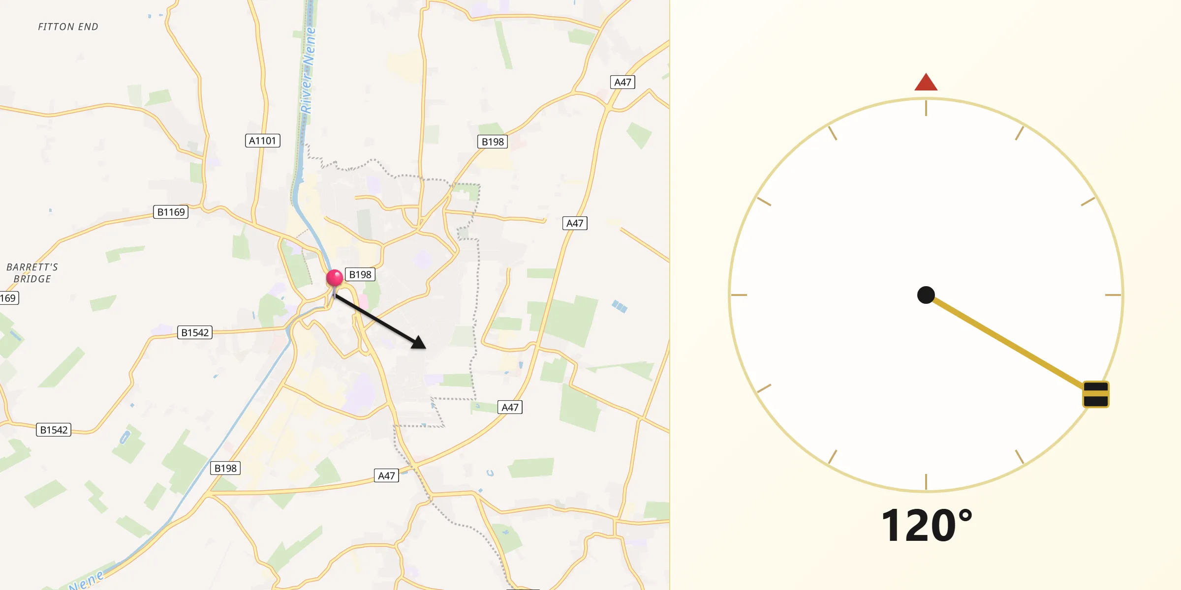 Qibla Direction from Wisbech