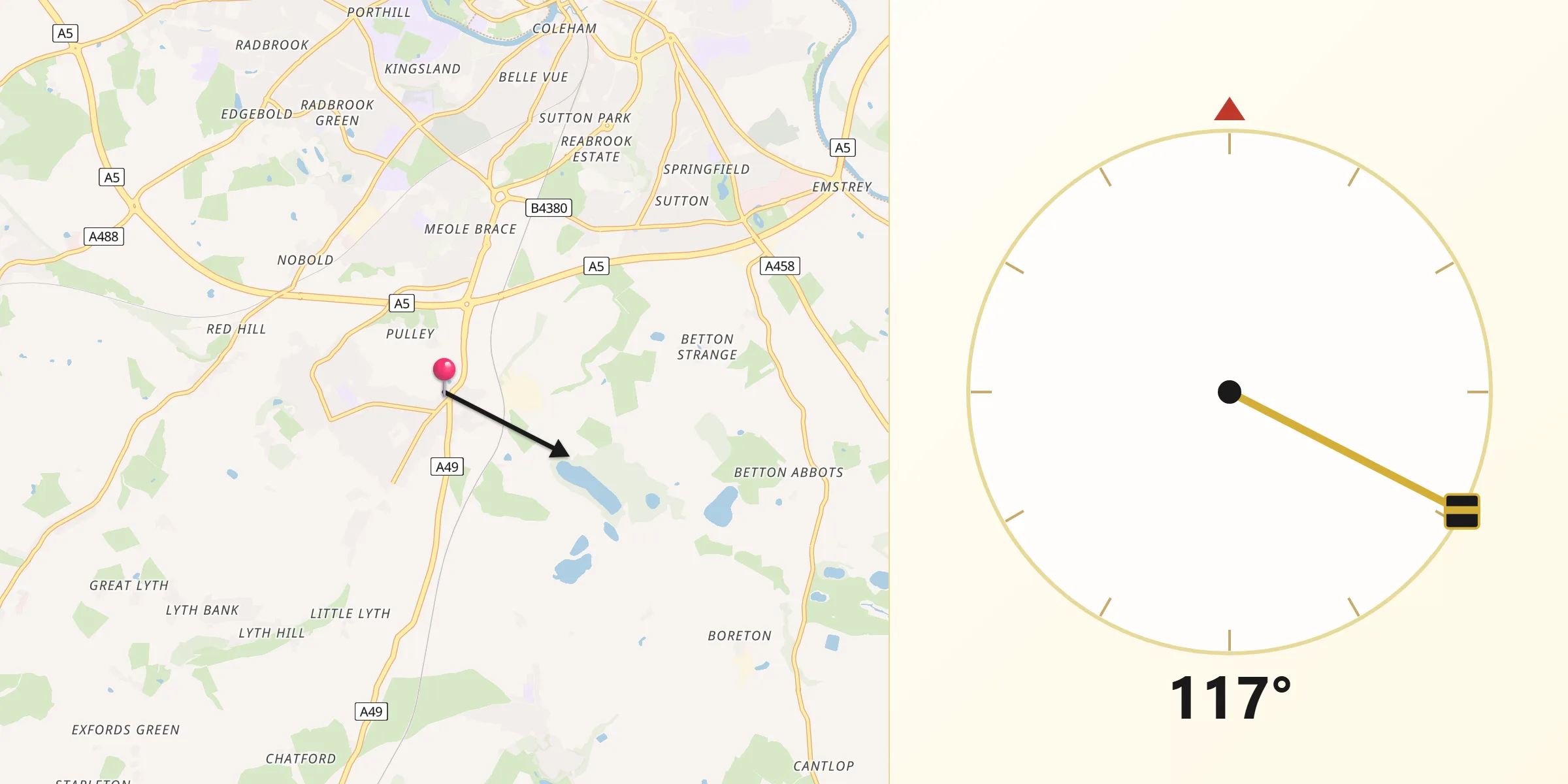 Qibla Direction from Bayston Hill
