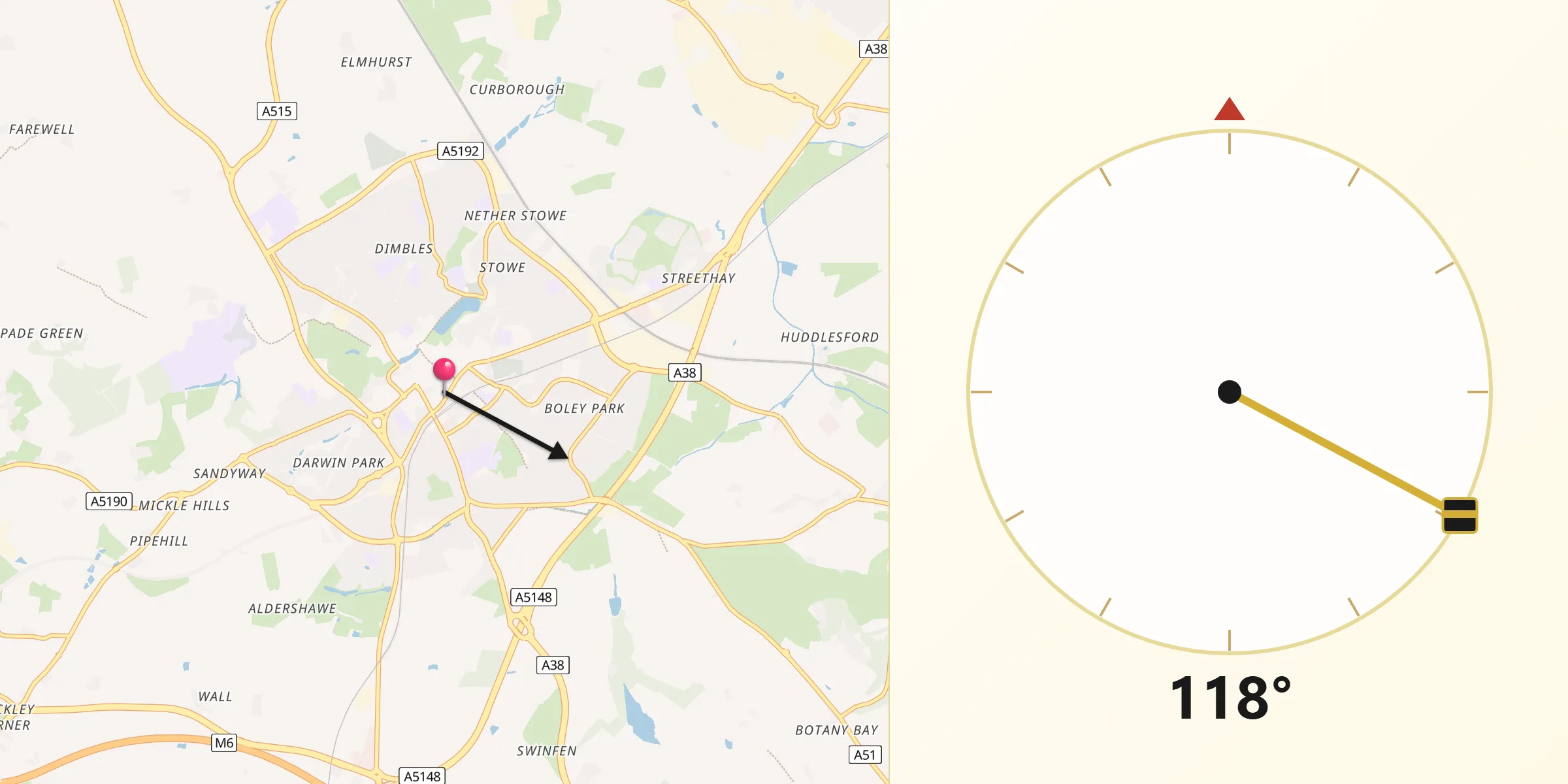 Qibla Direction from Lichfield
