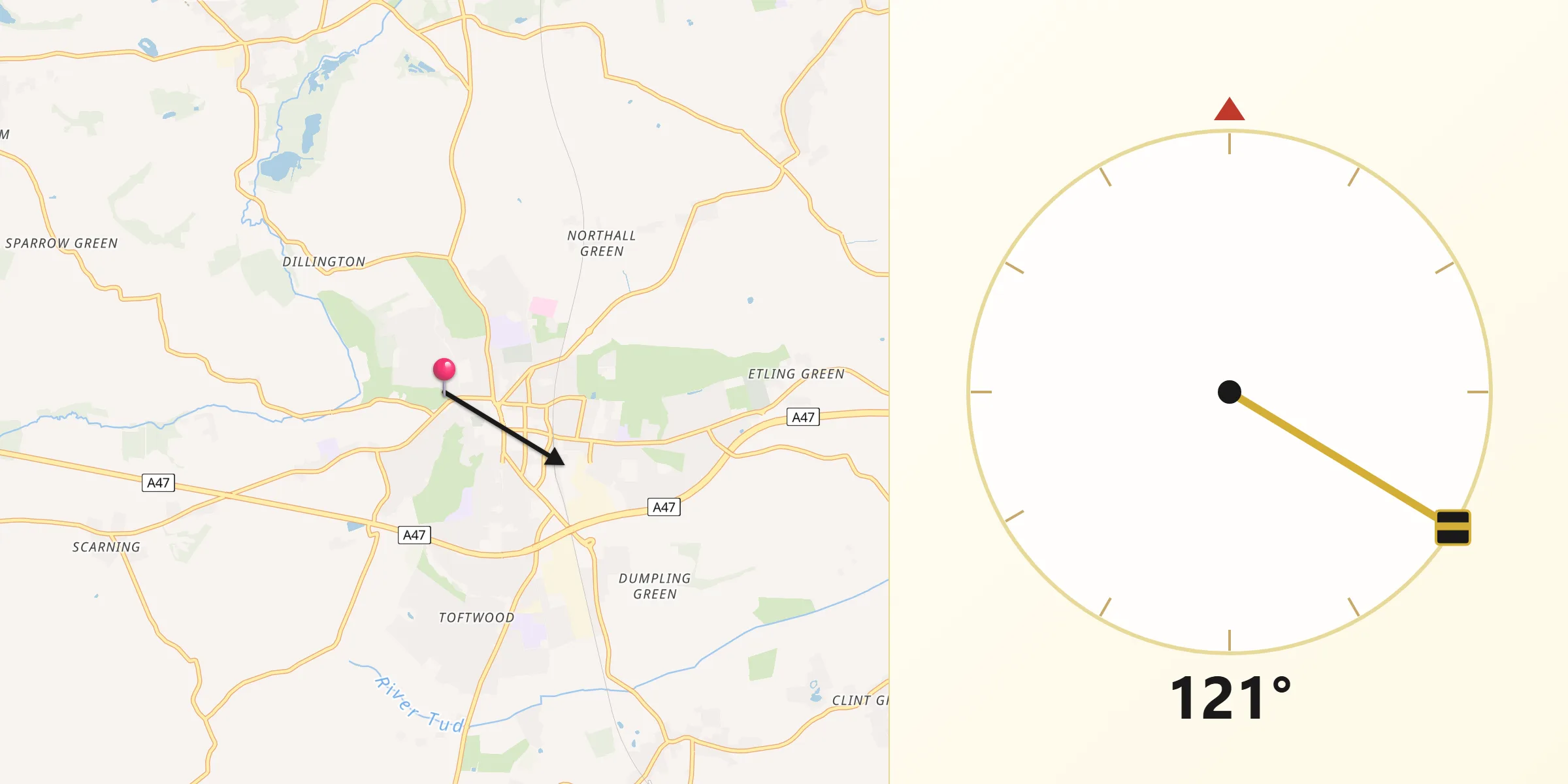 Qibla Direction from Dereham