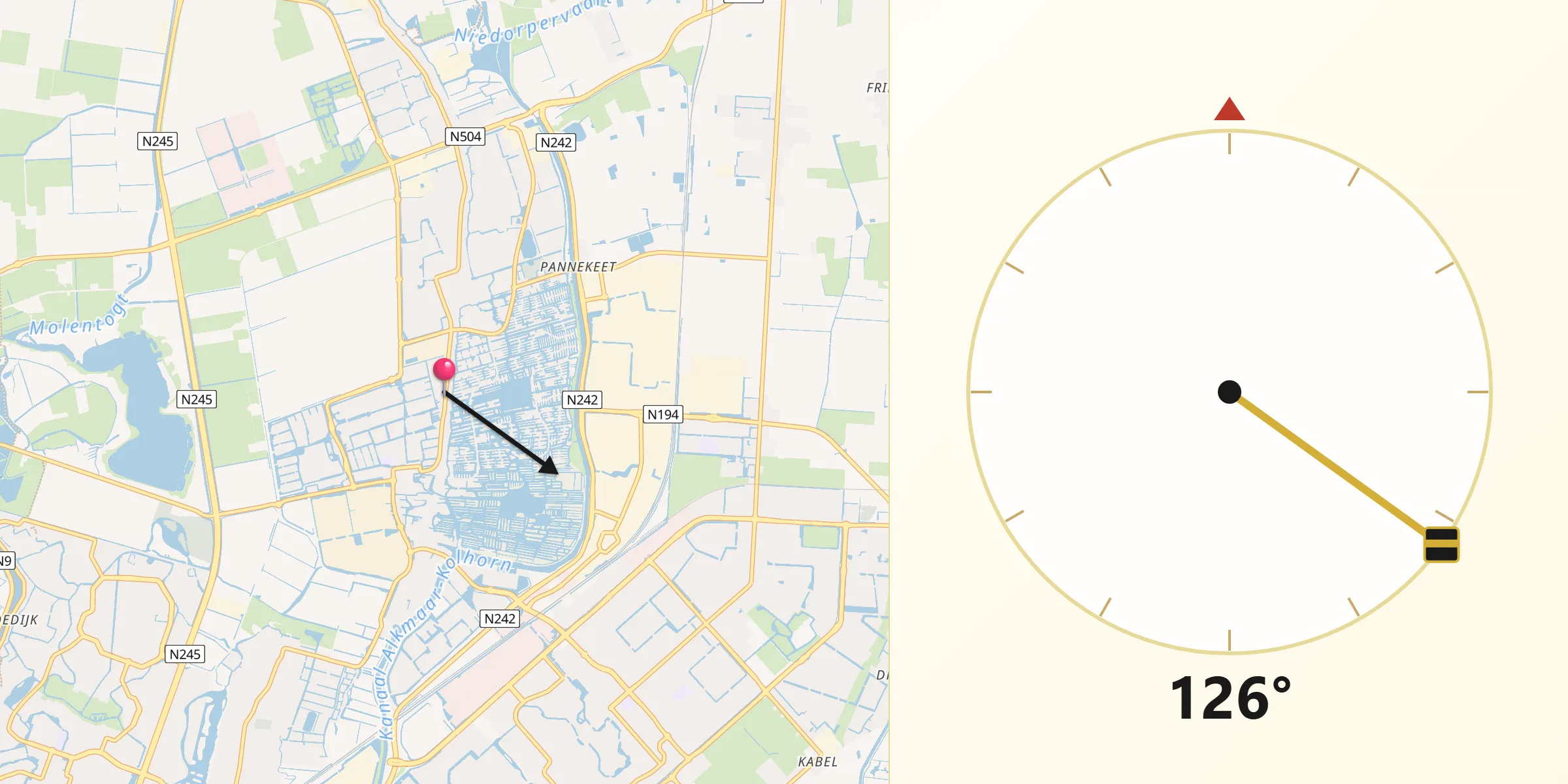Qibla Richting vanaf Zuid-Scharwoude