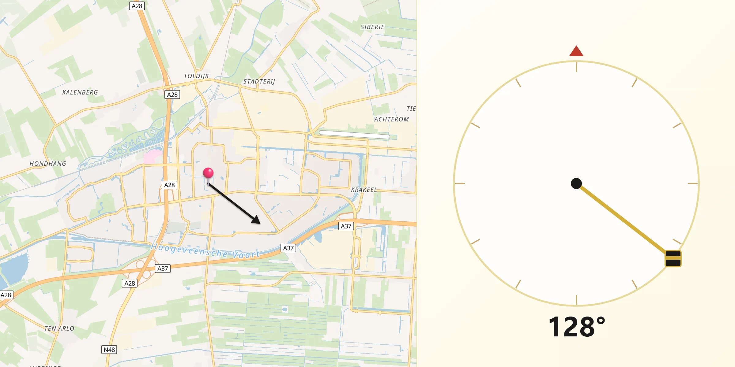 Qibla Richting vanaf Hoogeveen