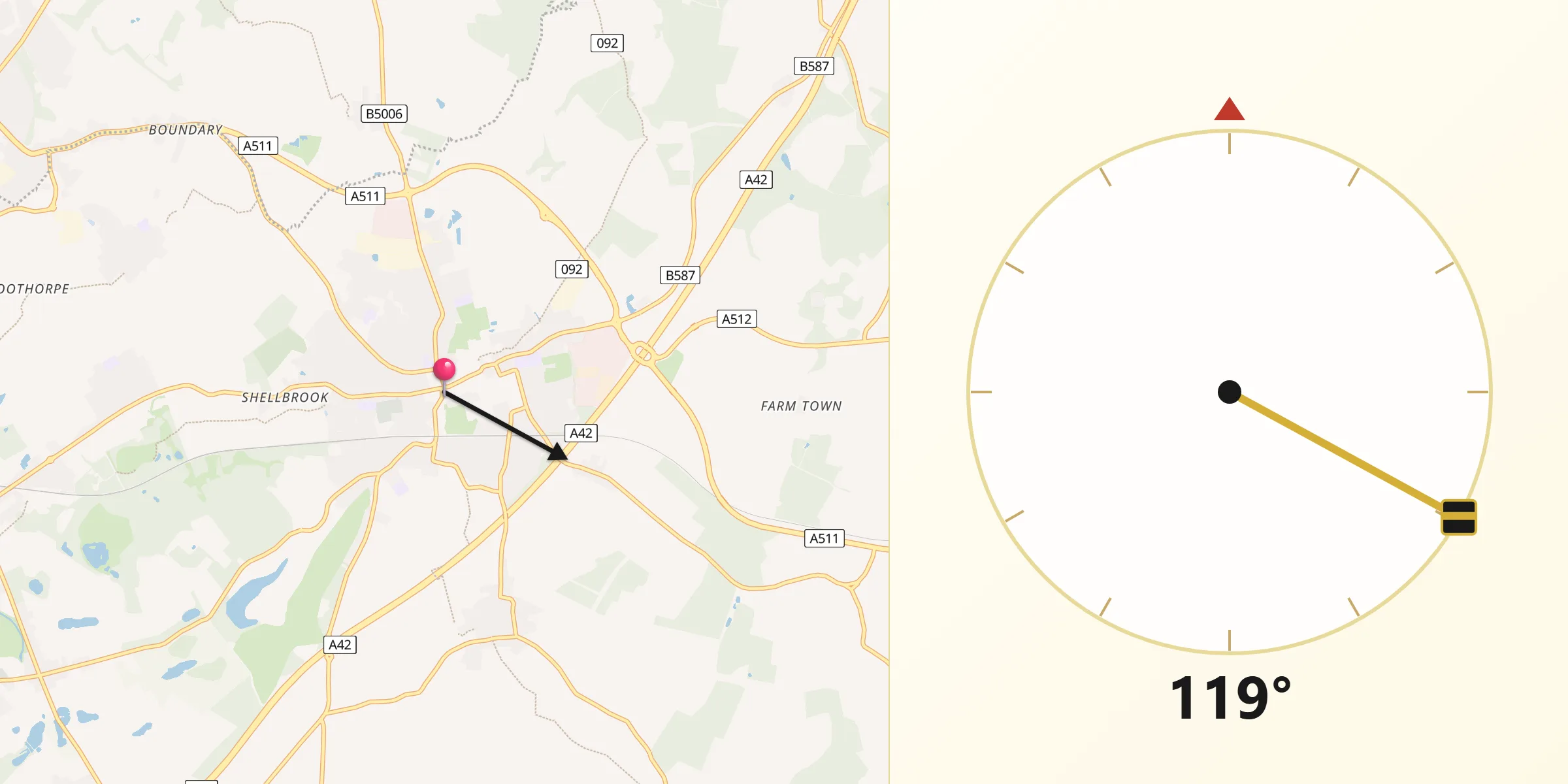 Qibla Direction from Ashby de la Zouch