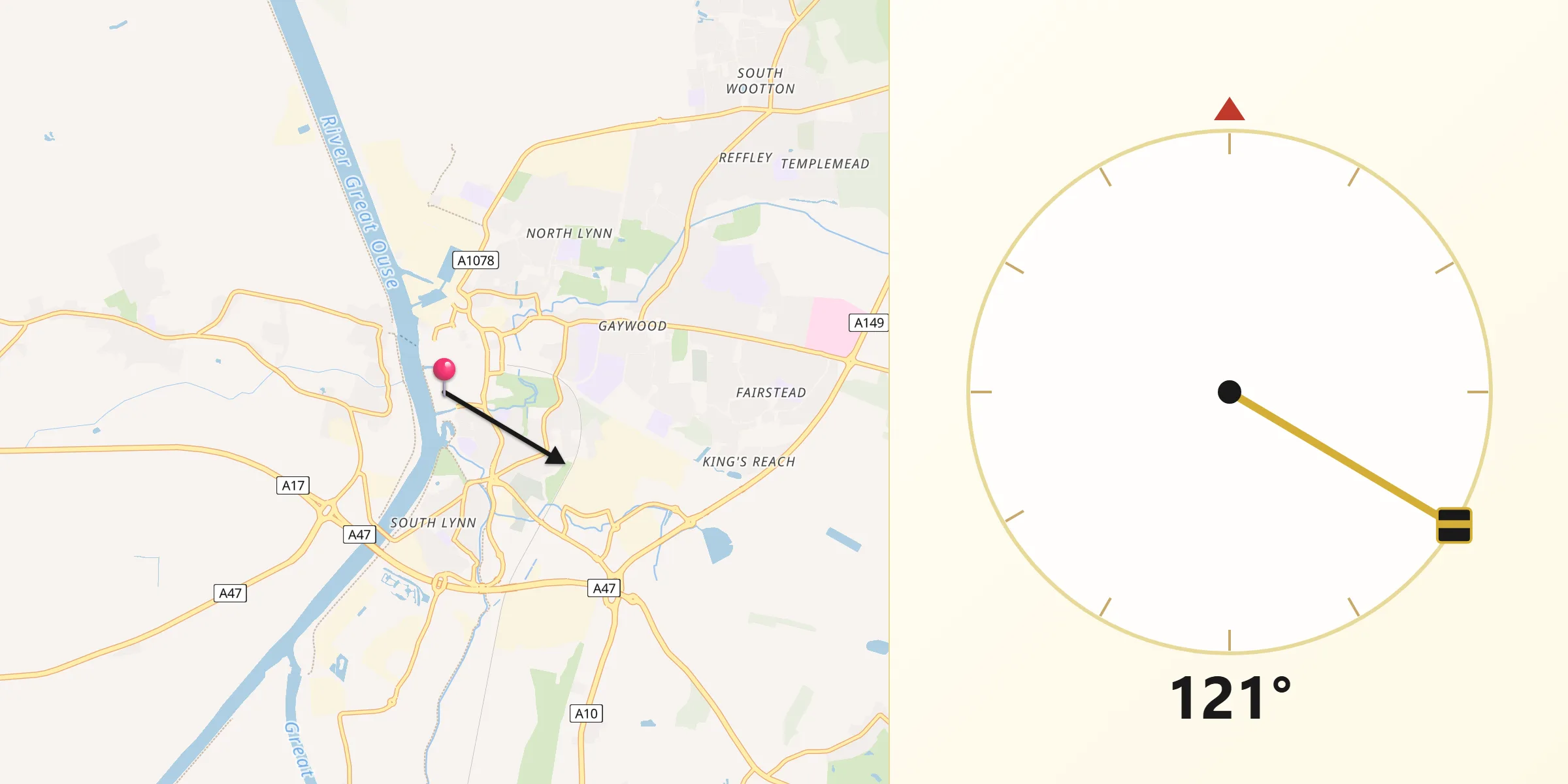 Qibla Direction from Kings Lynn
