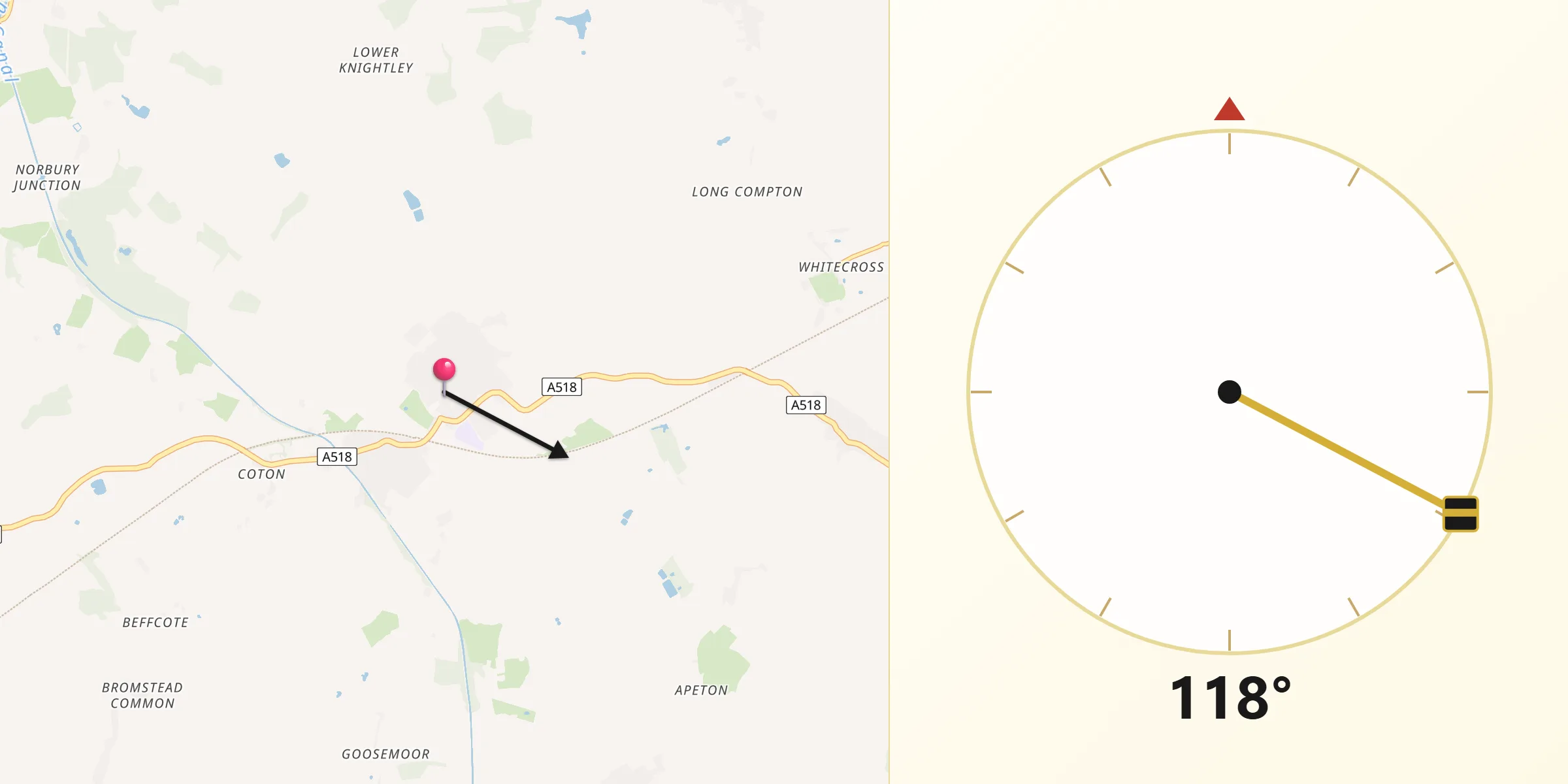 Qibla Direction from Gnosall