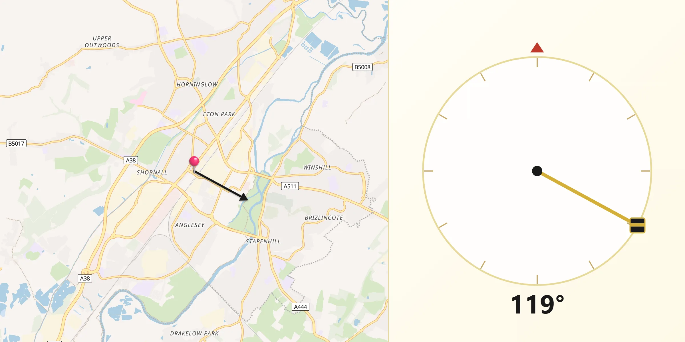 Qibla Direction from Burton-on-Trent