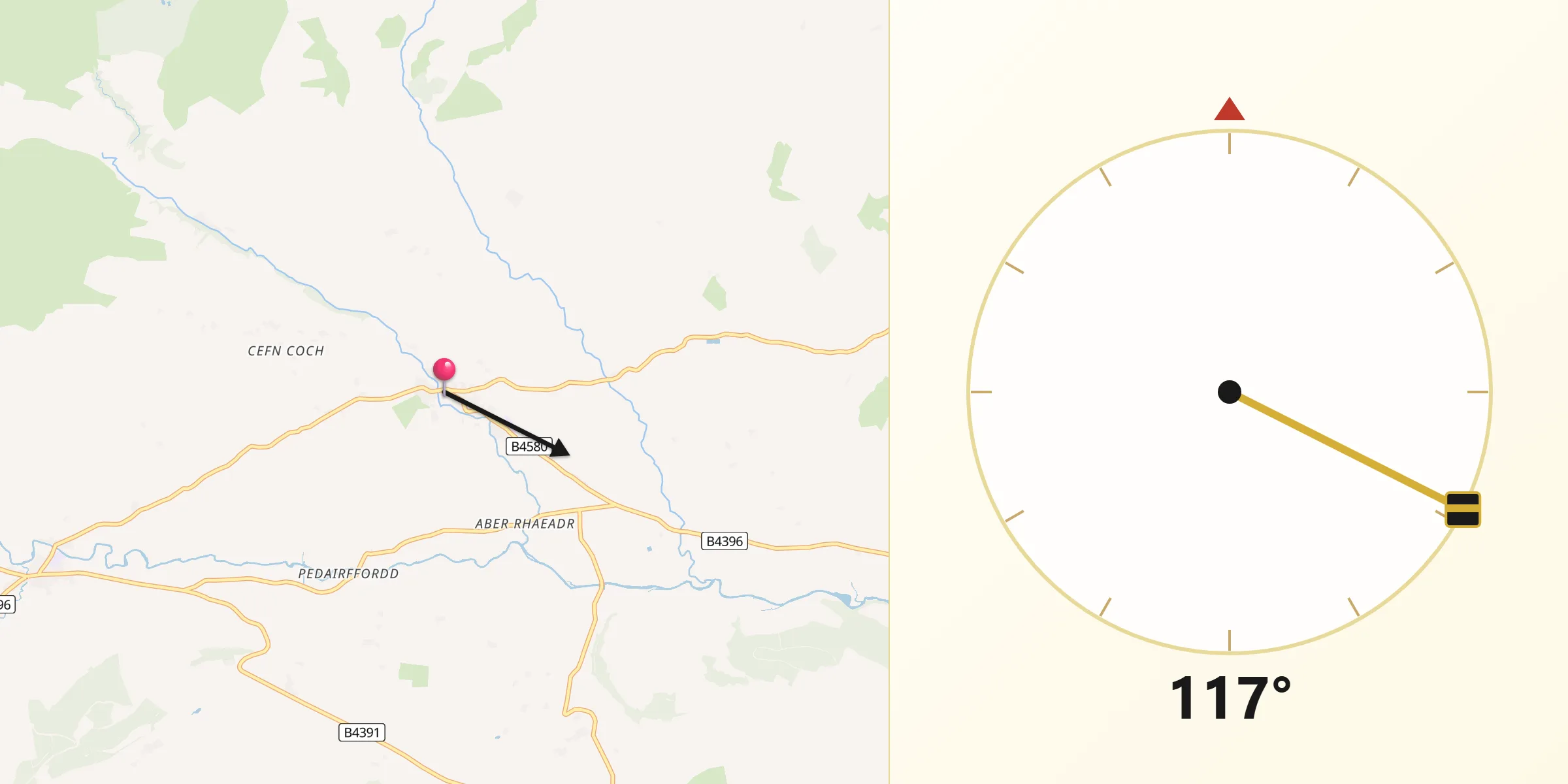 Qibla Direction from Llanrhaeadr-ym-Mochnant