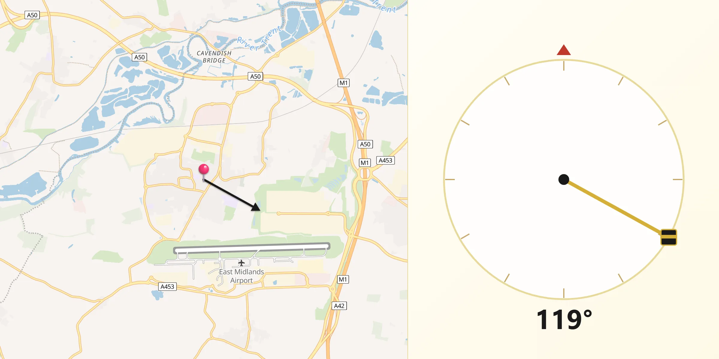 Qibla Direction from Castle Donington