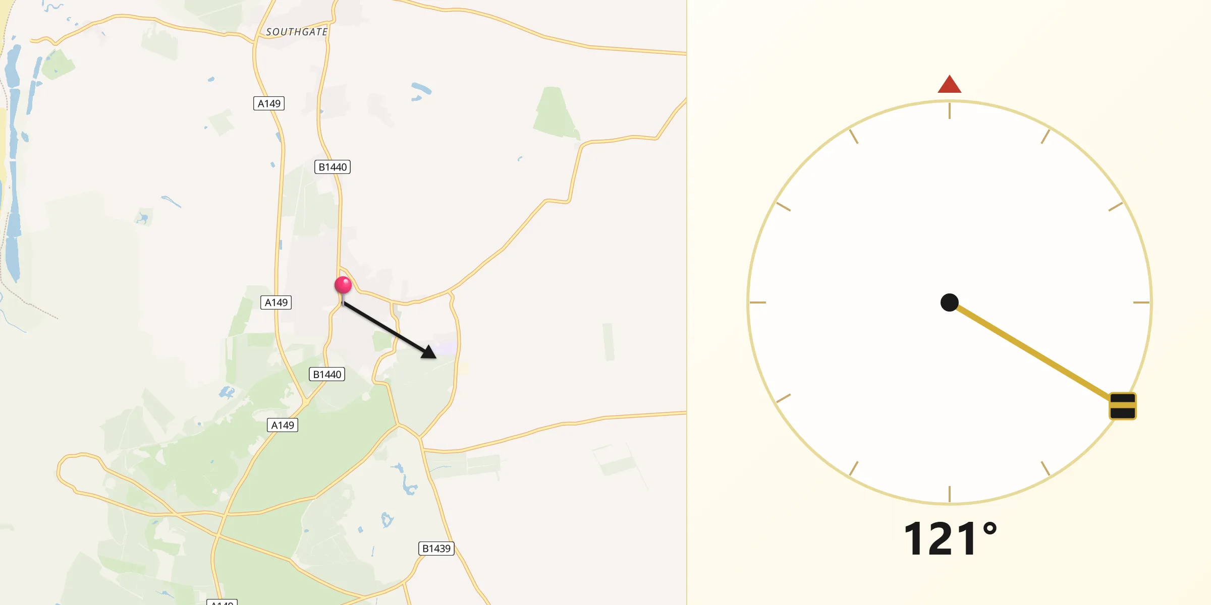 Qibla Direction from Dersingham