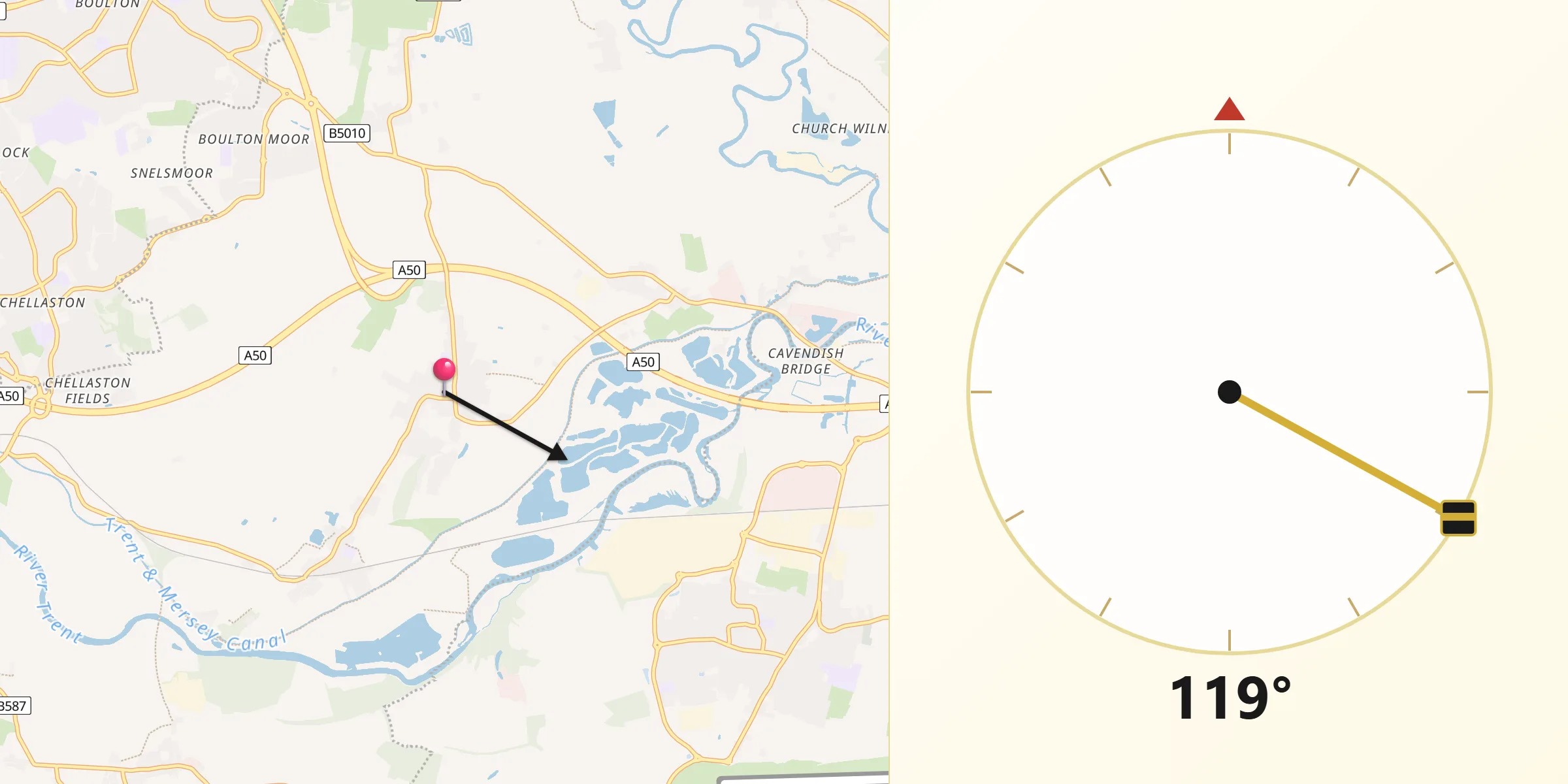 Qibla Direction from Aston-on-Trent