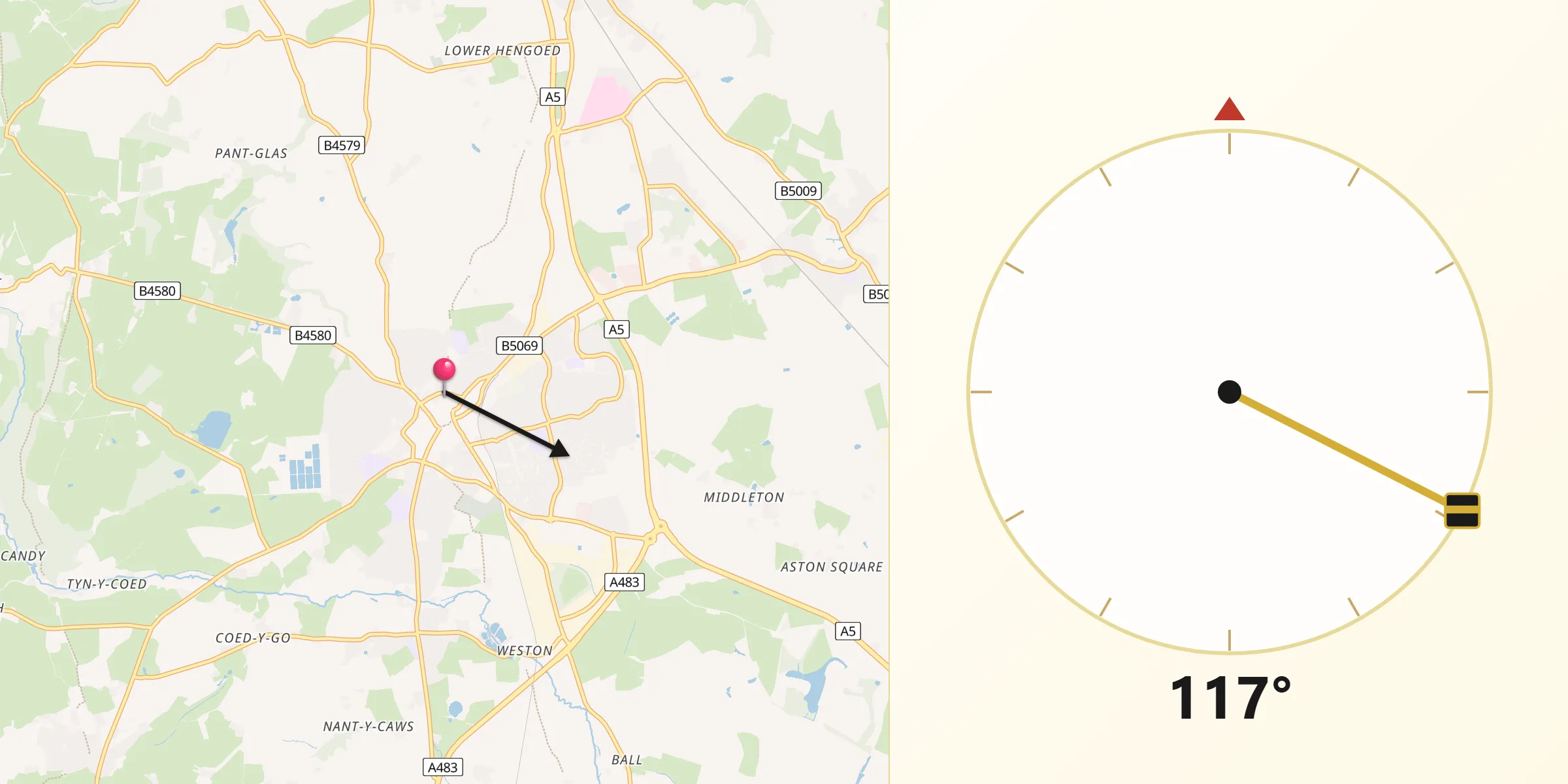 Qibla Direction from Oswestry
