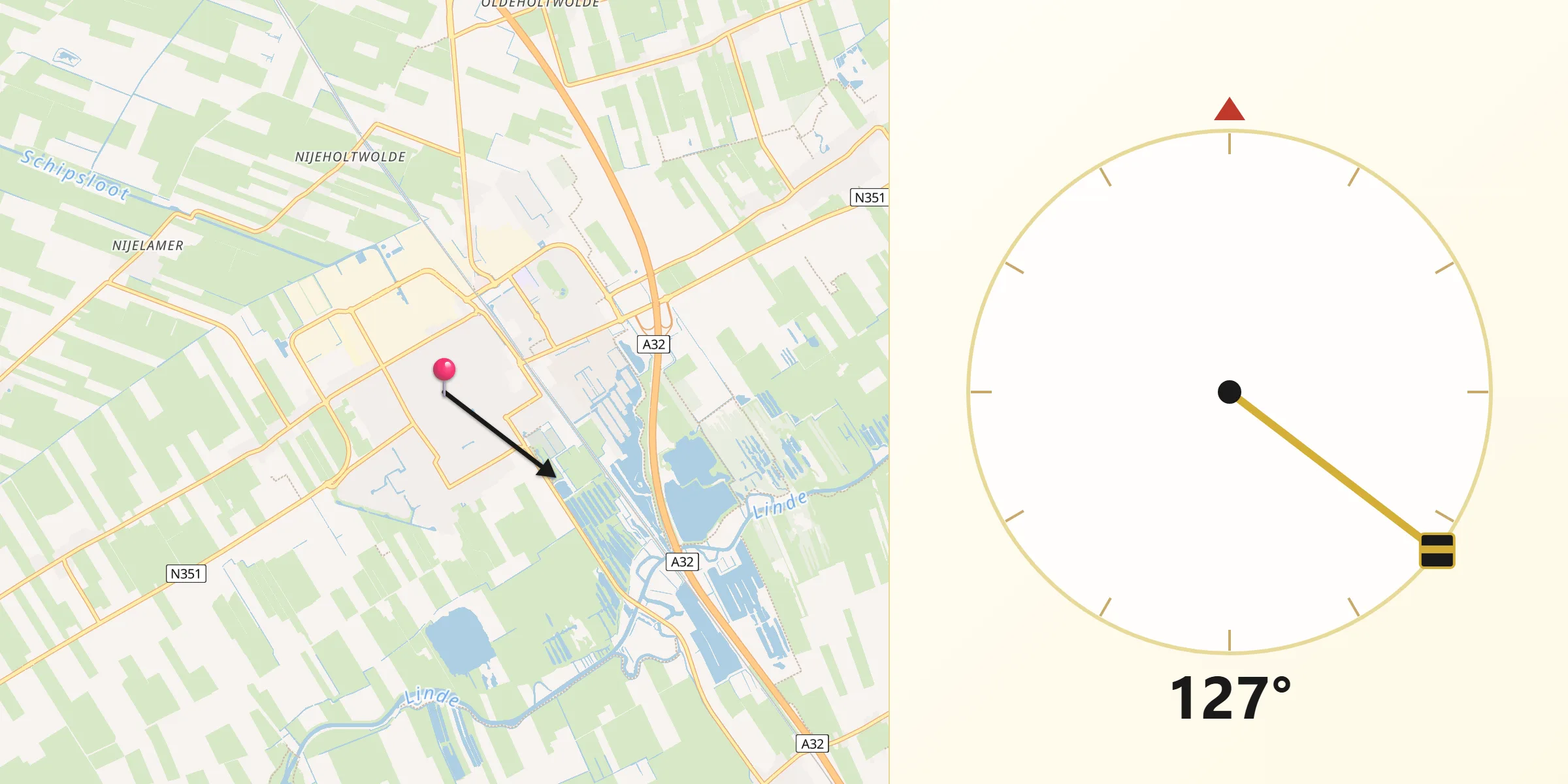 Qibla Richting vanaf Wolvega