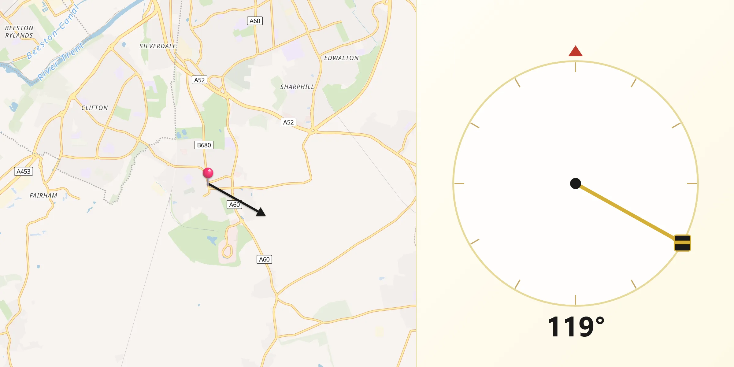 Qibla Direction from Ruddington