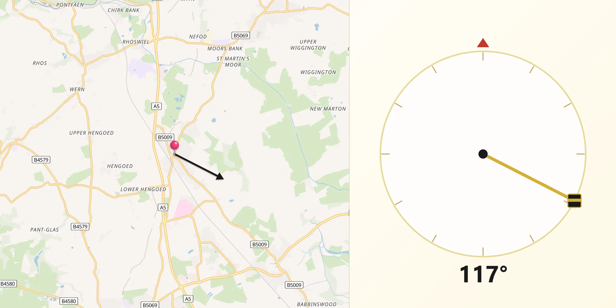 Qibla Direction from Gobowen