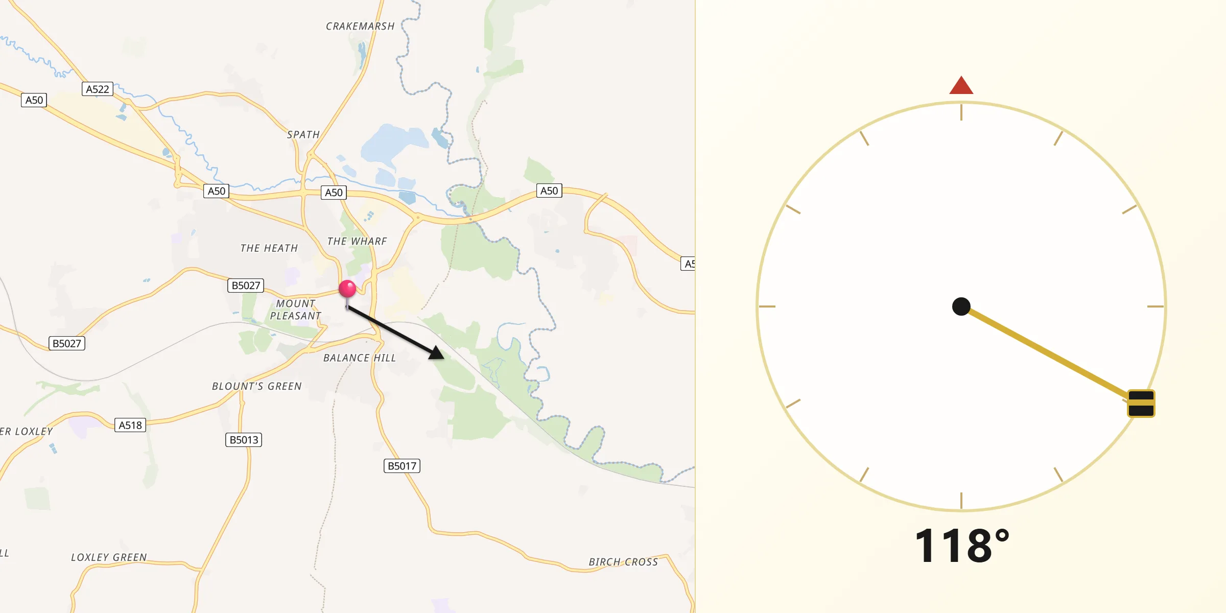 Qibla Direction from Uttoxeter