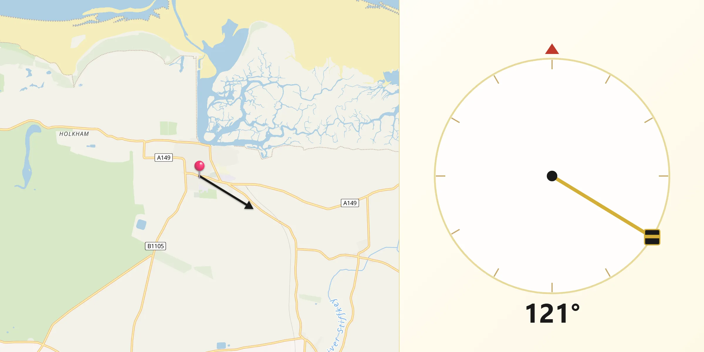 Qibla Direction from Wells-next-the-Sea