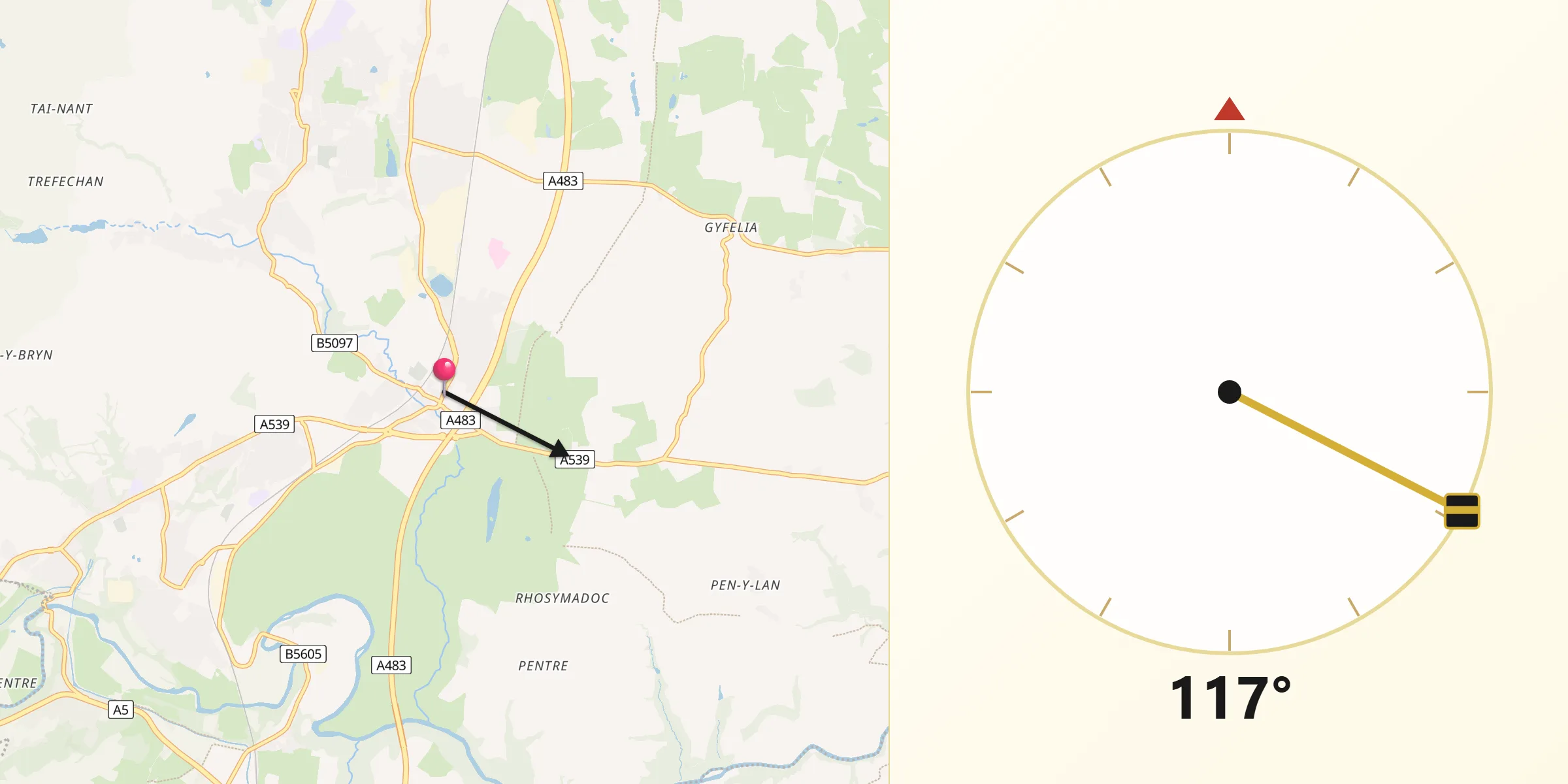 Qibla Direction from Ruabon