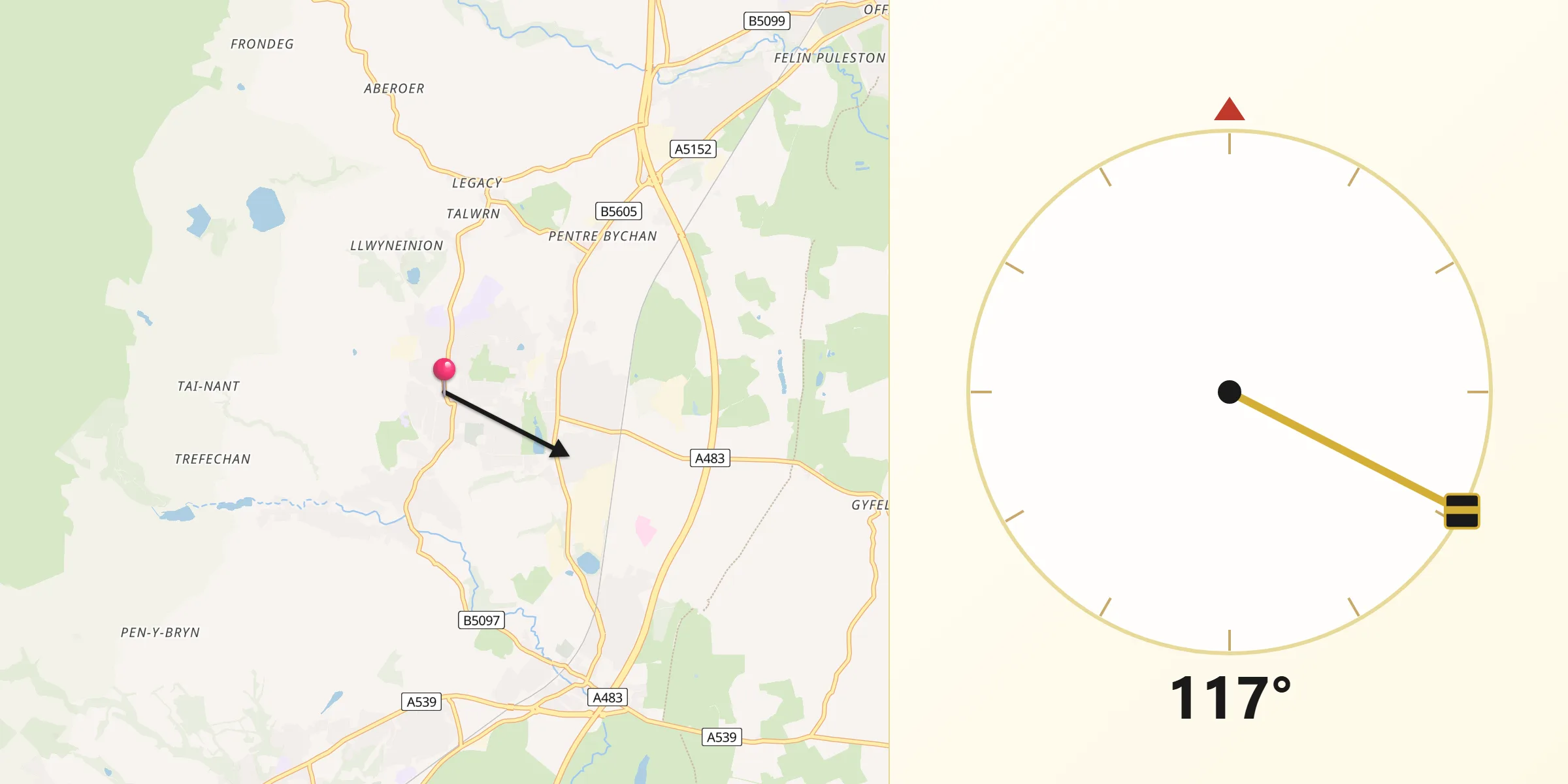 Qibla Direction from Rhosllanerchrugog